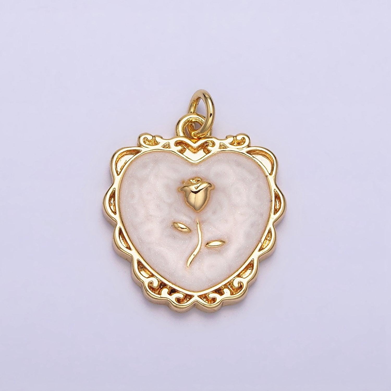Gold enamel heart charm, heart with rose medallion charm silver love charm, enamel charms, gold plated findings, gd024