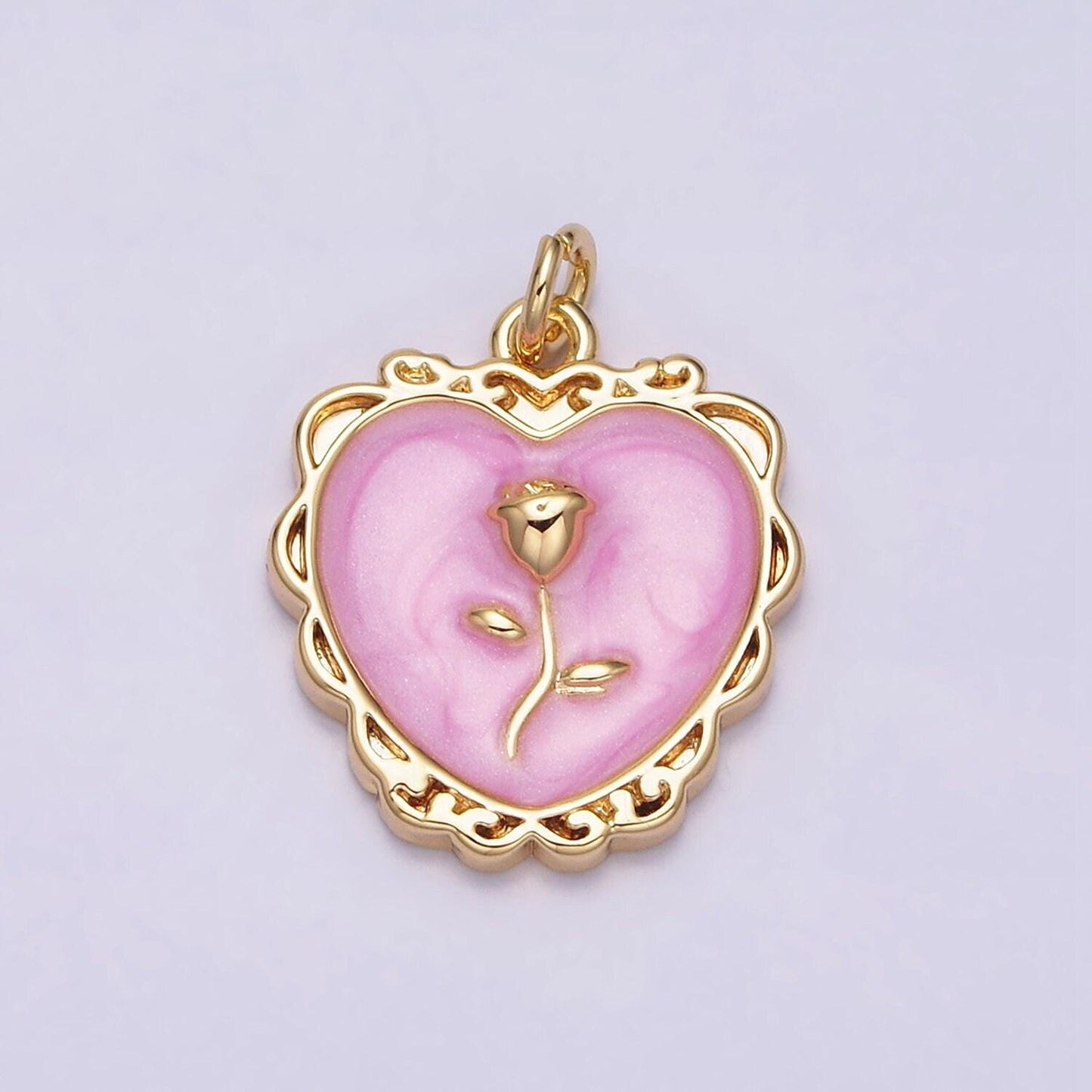 Gold enamel heart charm, heart with rose medallion charm silver love charm, enamel charms, gold plated findings, gd024