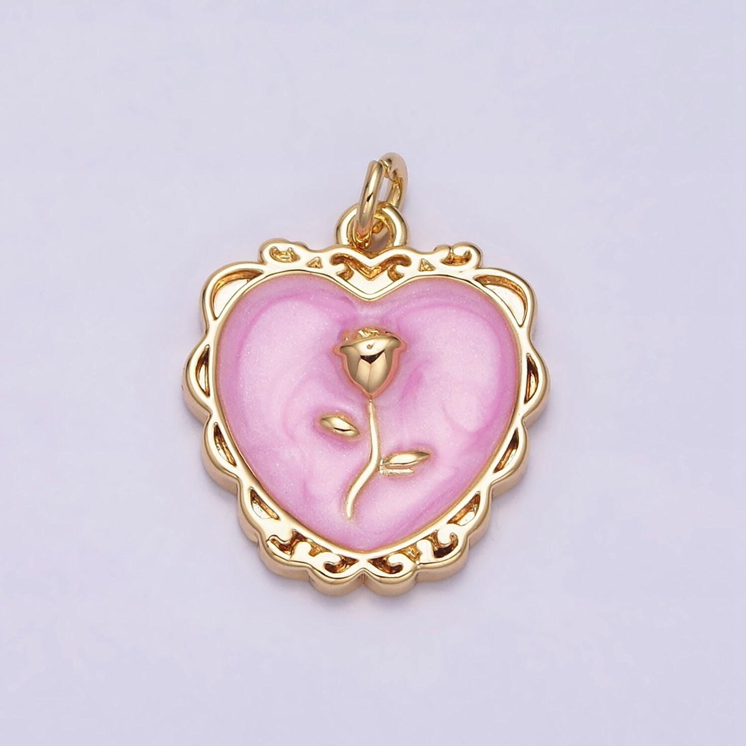 Gold enamel heart charm, heart with rose medallion charm silver love charm, enamel charms, gold plated findings, gd024