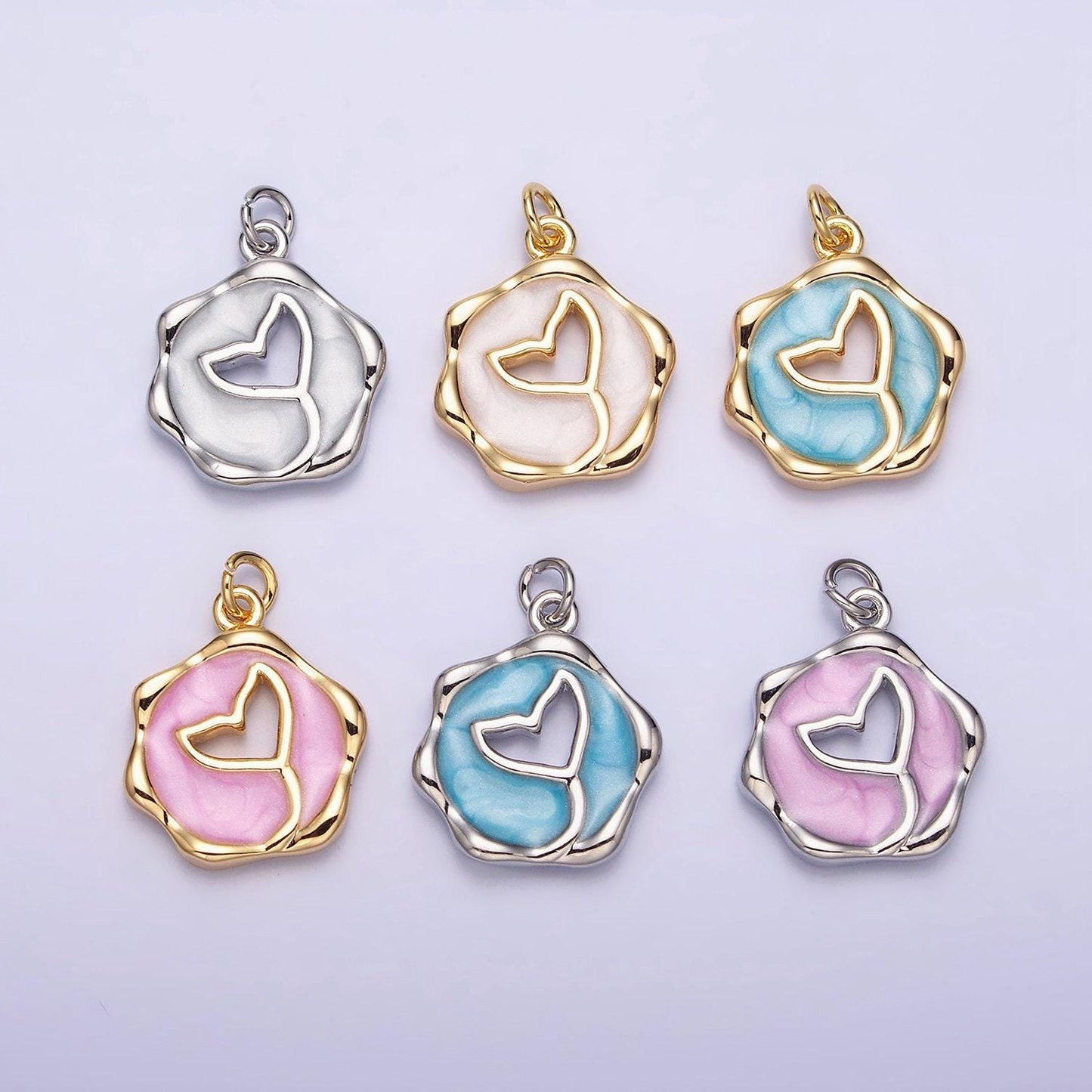16k gold filled ocean whale tail white, pink, blue sparkly enamel stamped charm | ac1093 - ac1098