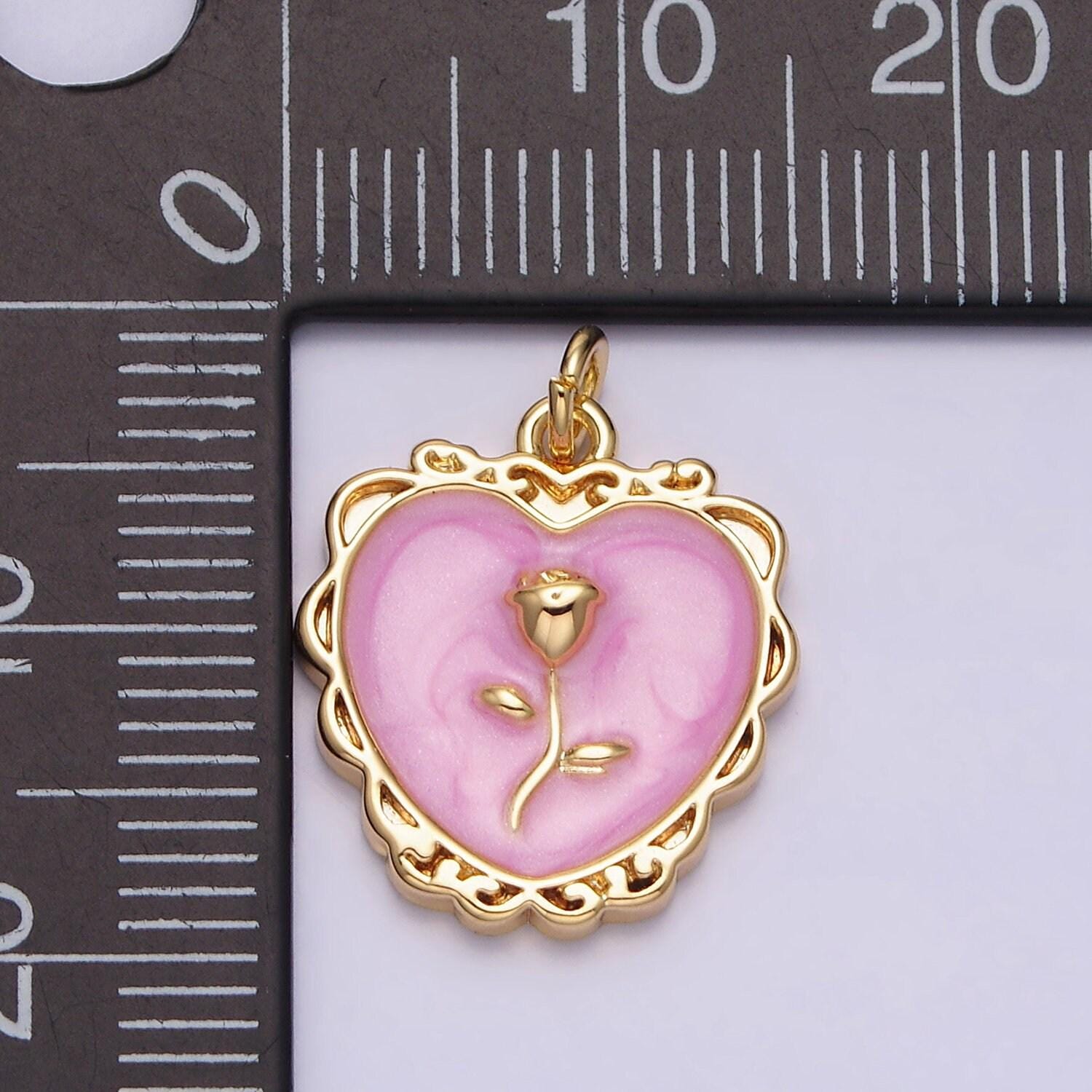 Gold enamel heart charm, heart with rose medallion charm silver love charm, enamel charms, gold plated findings, gd024