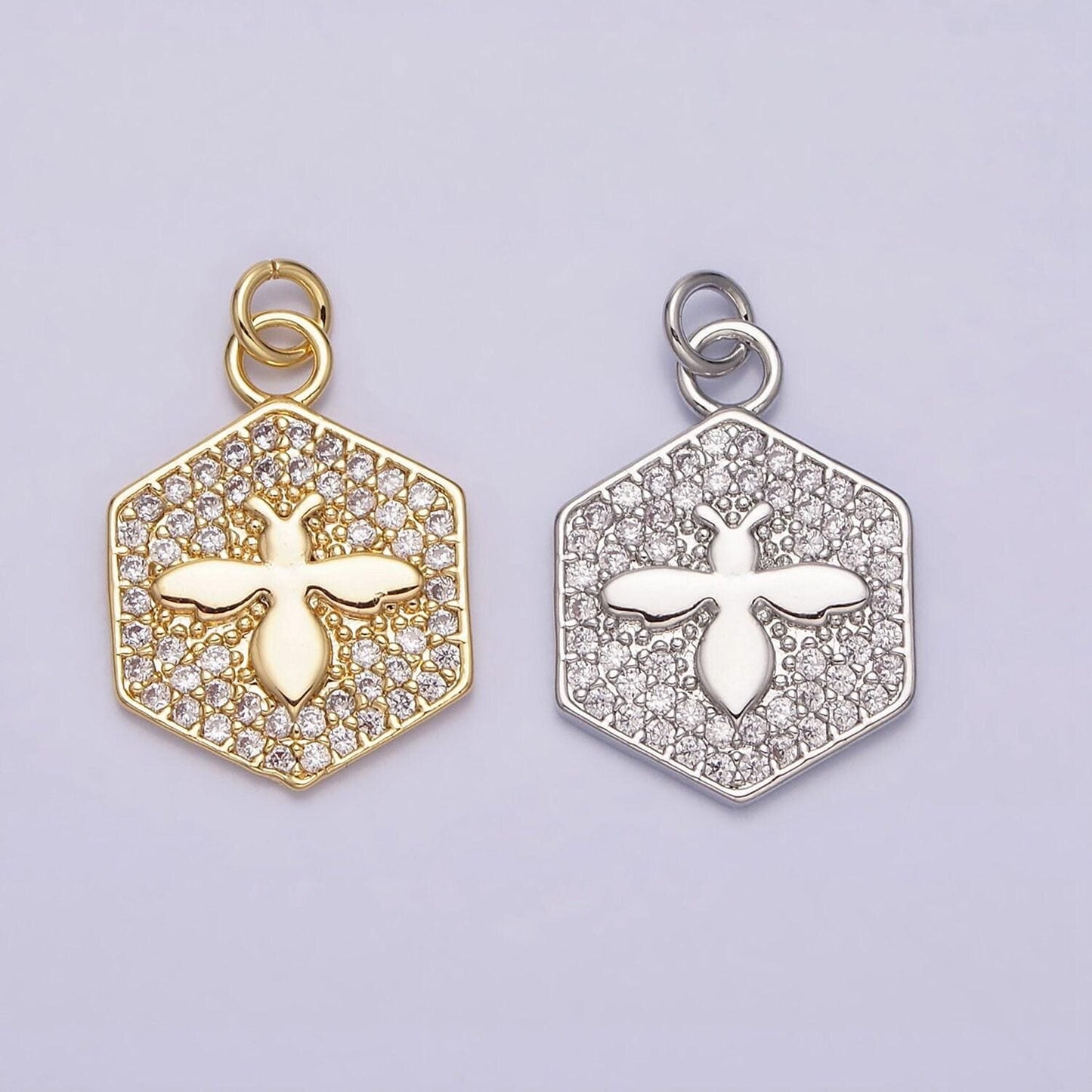 Mini gold filled bee charm necklace bracelet earring supply micro pave cz queen bee hexagon charm ac1065