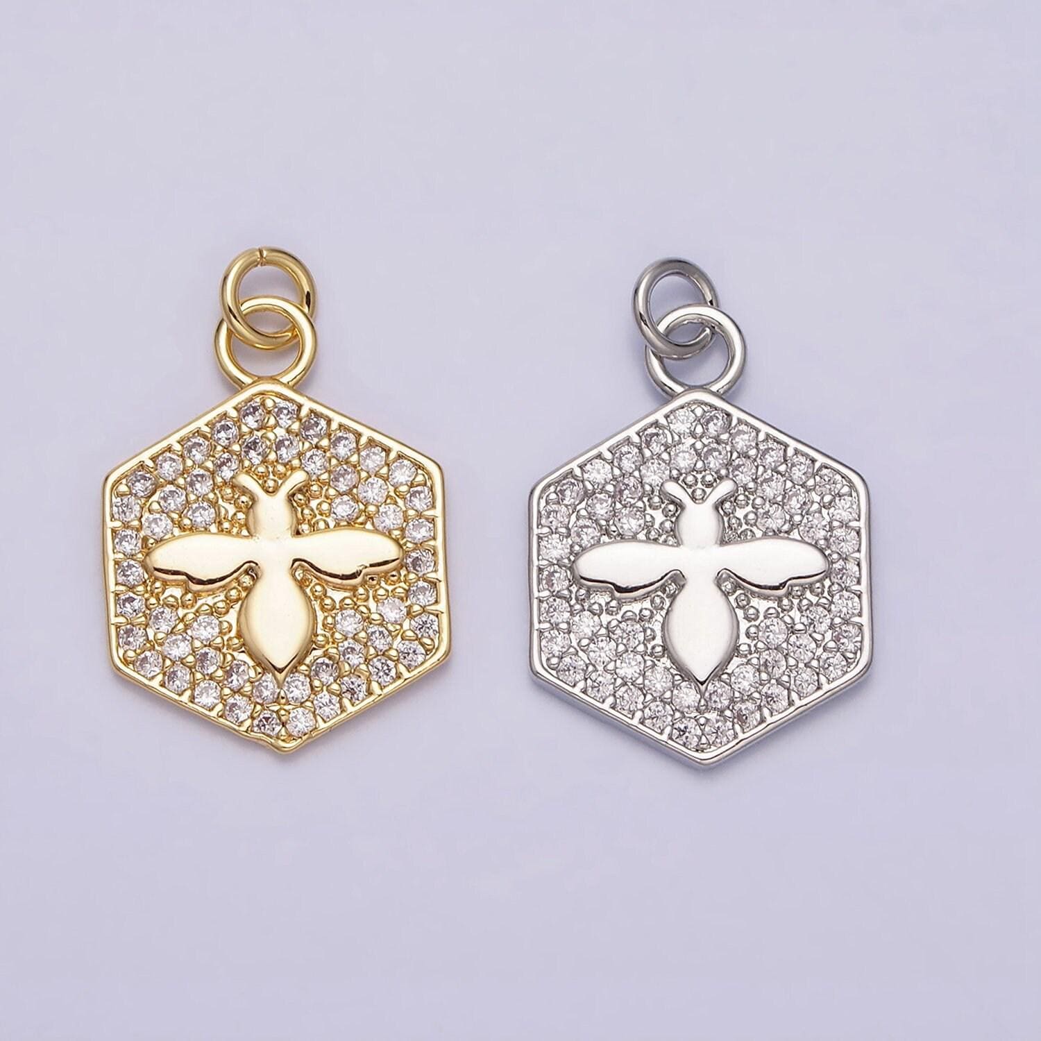 Mini gold filled bee charm necklace bracelet earring supply micro pave cz queen bee hexagon charm ac1065