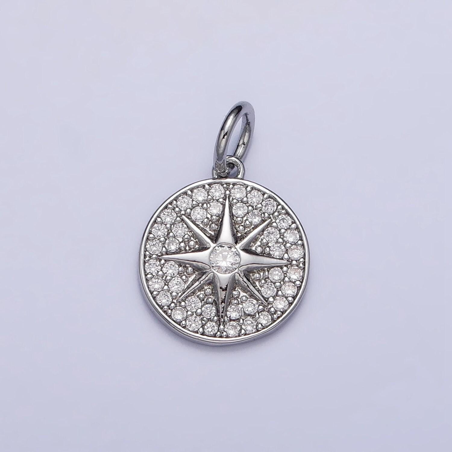 18k gold filled north star round micro pave cz charm in gold & silver | ac1003 ac1004
