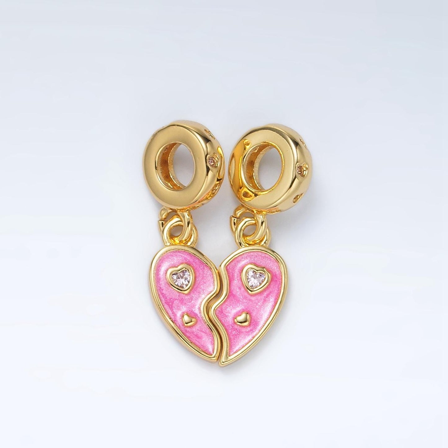 24k gold filled pink 2pc heart cz, enamel heart, rondelle bail drop pendant | ac-100