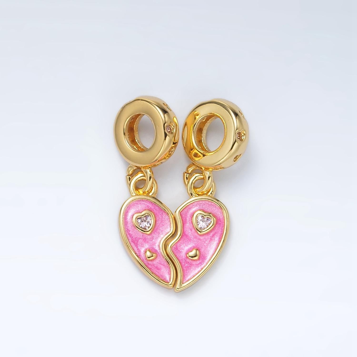 24k gold filled pink 2pc heart cz, enamel heart, rondelle bail drop pendant | ac-100