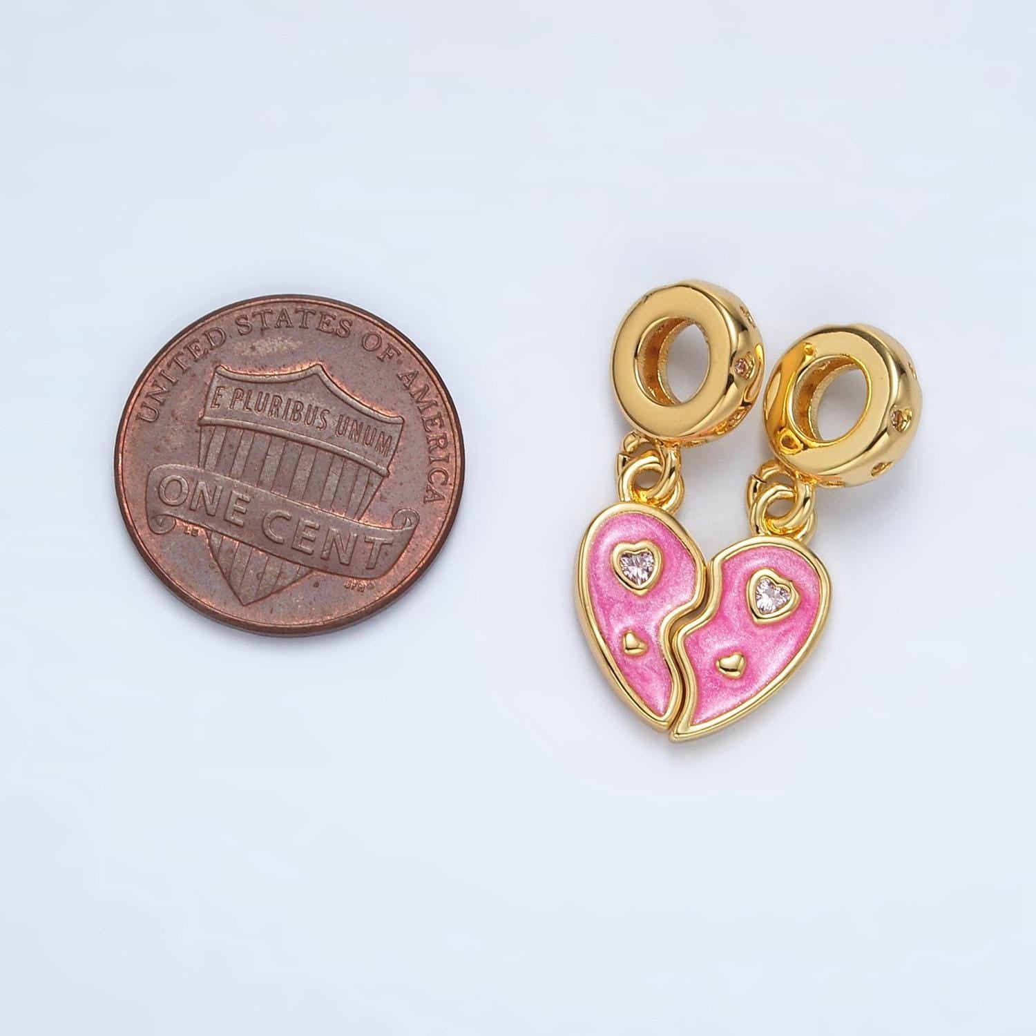 24k gold filled pink 2pc heart cz, enamel heart, rondelle bail drop pendant | ac-100