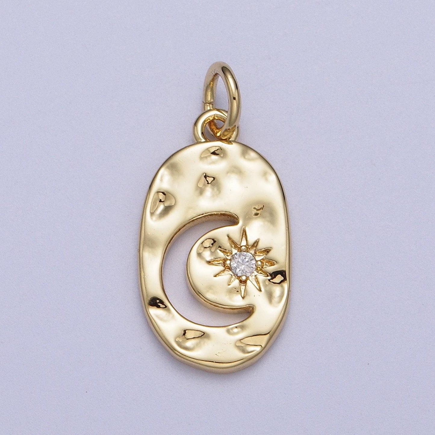 Dainty gold celestial crescent moon cz star hammered oval charm silver rustic charm for necklace bracelet earring ac058