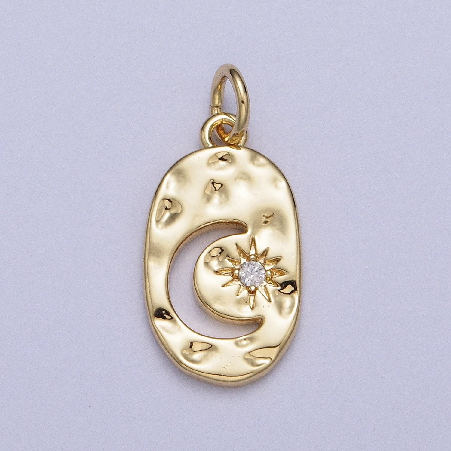 Dainty gold celestial crescent moon cz star hammered oval charm silver rustic charm for necklace bracelet earring ac058