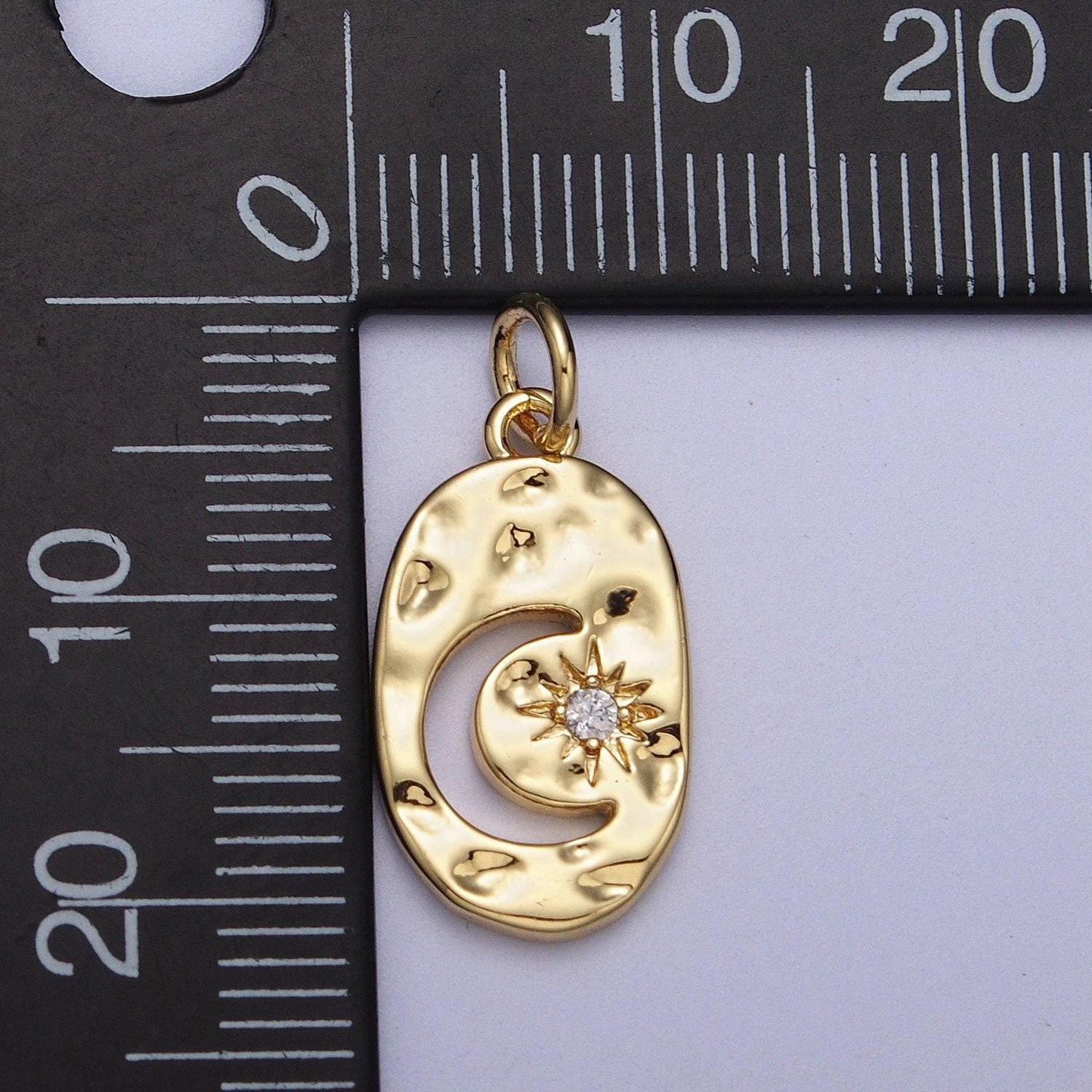 Dainty gold celestial crescent moon cz star hammered oval charm silver rustic charm for necklace bracelet earring ac058