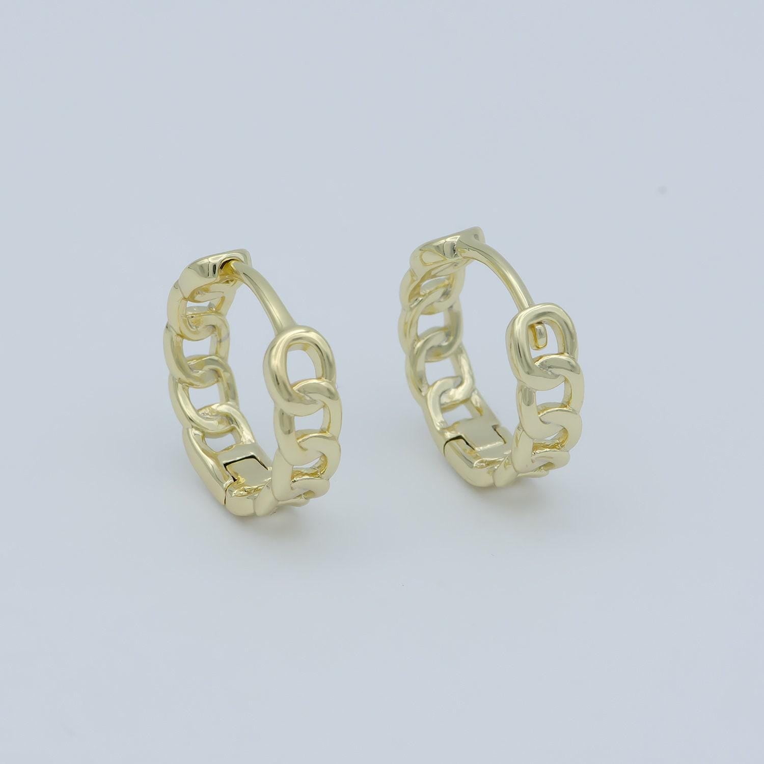 14k gold fill one touch lever curb chain hoop simple round hoop earring, 15mm huggie earring gift for minimalist huggies
