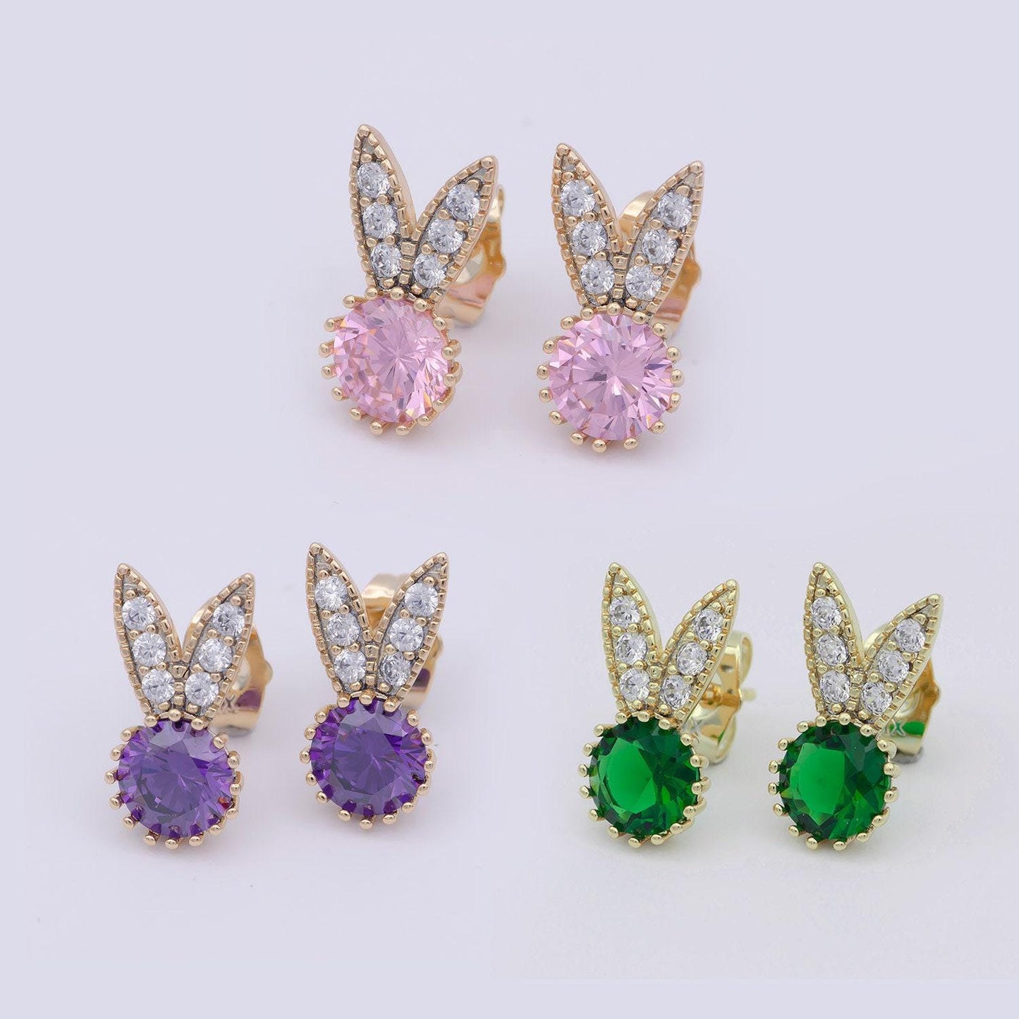 18k gold filled crystal diamond dainty bunny stud earring, minimalistic cubic stud, rabbit ear stud pink purple green cz stone