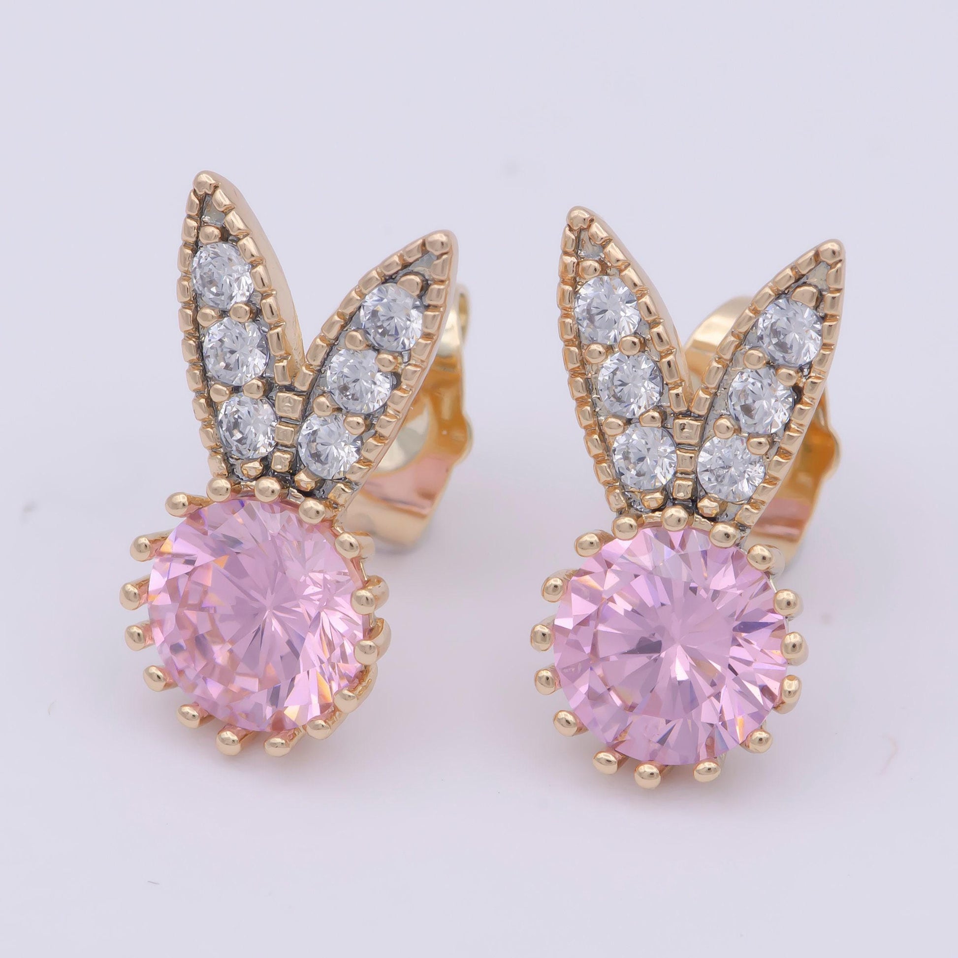 18k gold filled crystal diamond dainty bunny stud earring, minimalistic cubic stud, rabbit ear stud pink purple green cz stone