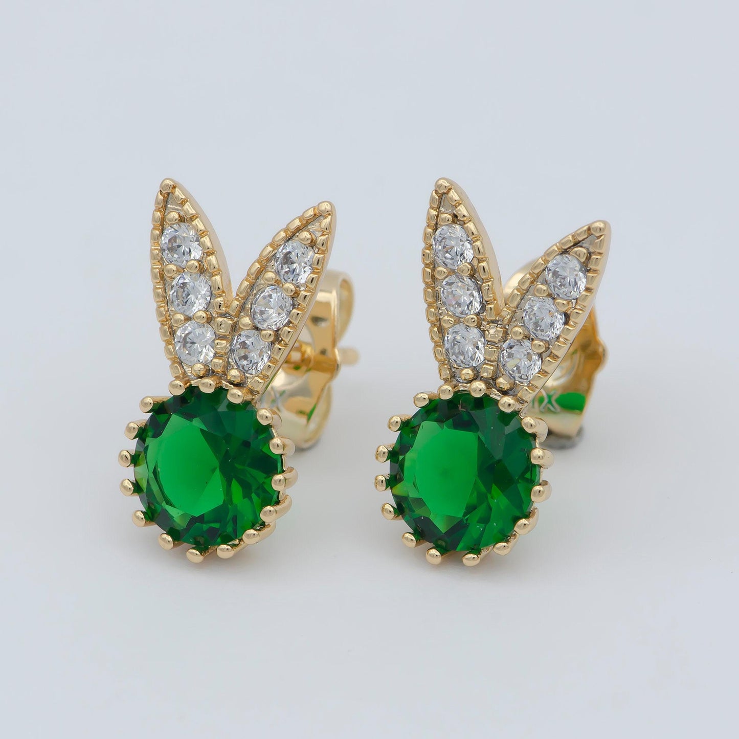 18k gold filled crystal diamond dainty bunny stud earring, minimalistic cubic stud, rabbit ear stud pink purple green cz stone