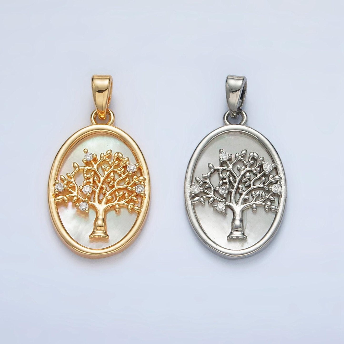 Gold filled shell pearl oval pendant with a cz tree design in gold & silver | aa1525