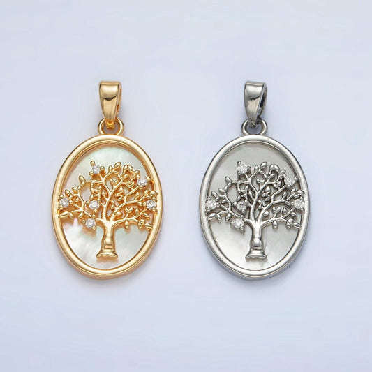 Gold filled shell pearl oval pendant with a cz tree design in gold & silver | aa1525
