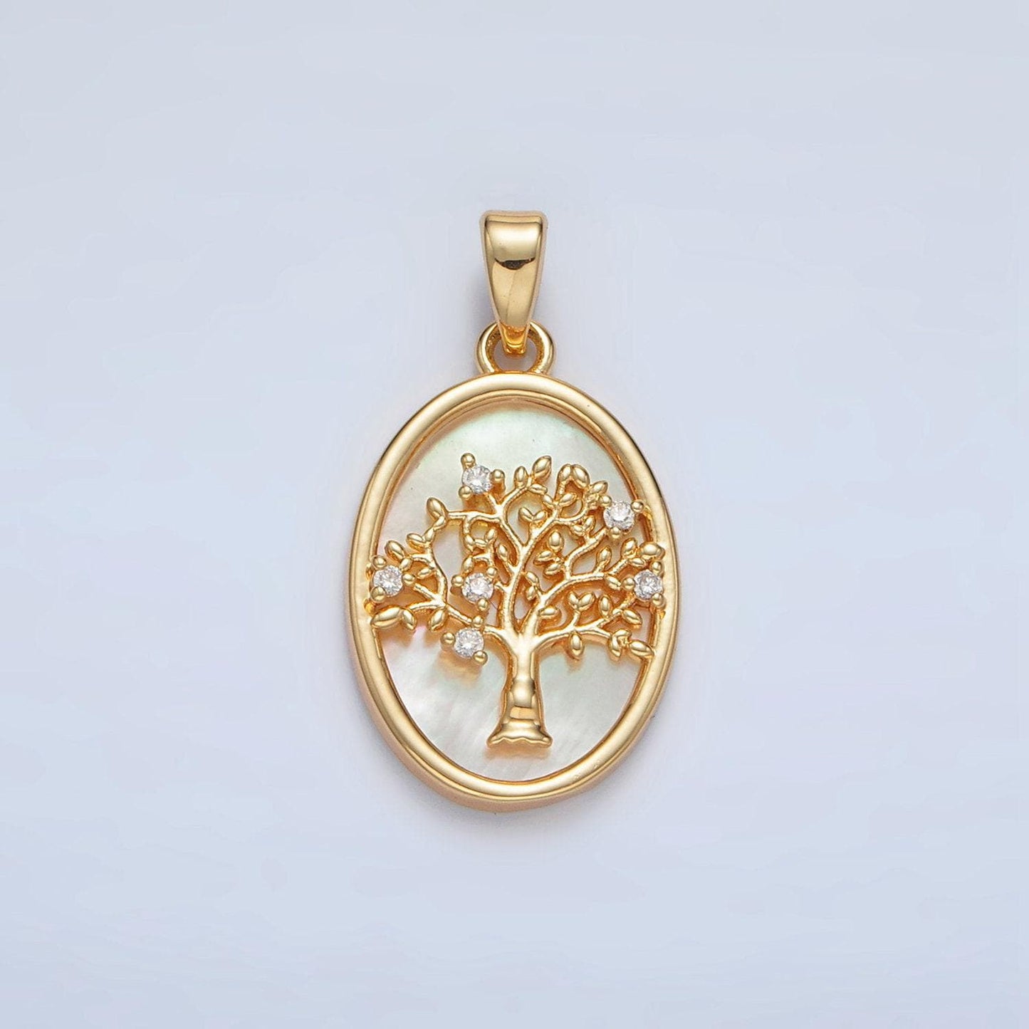 Gold filled shell pearl oval pendant with a cz tree design in gold & silver | aa1525