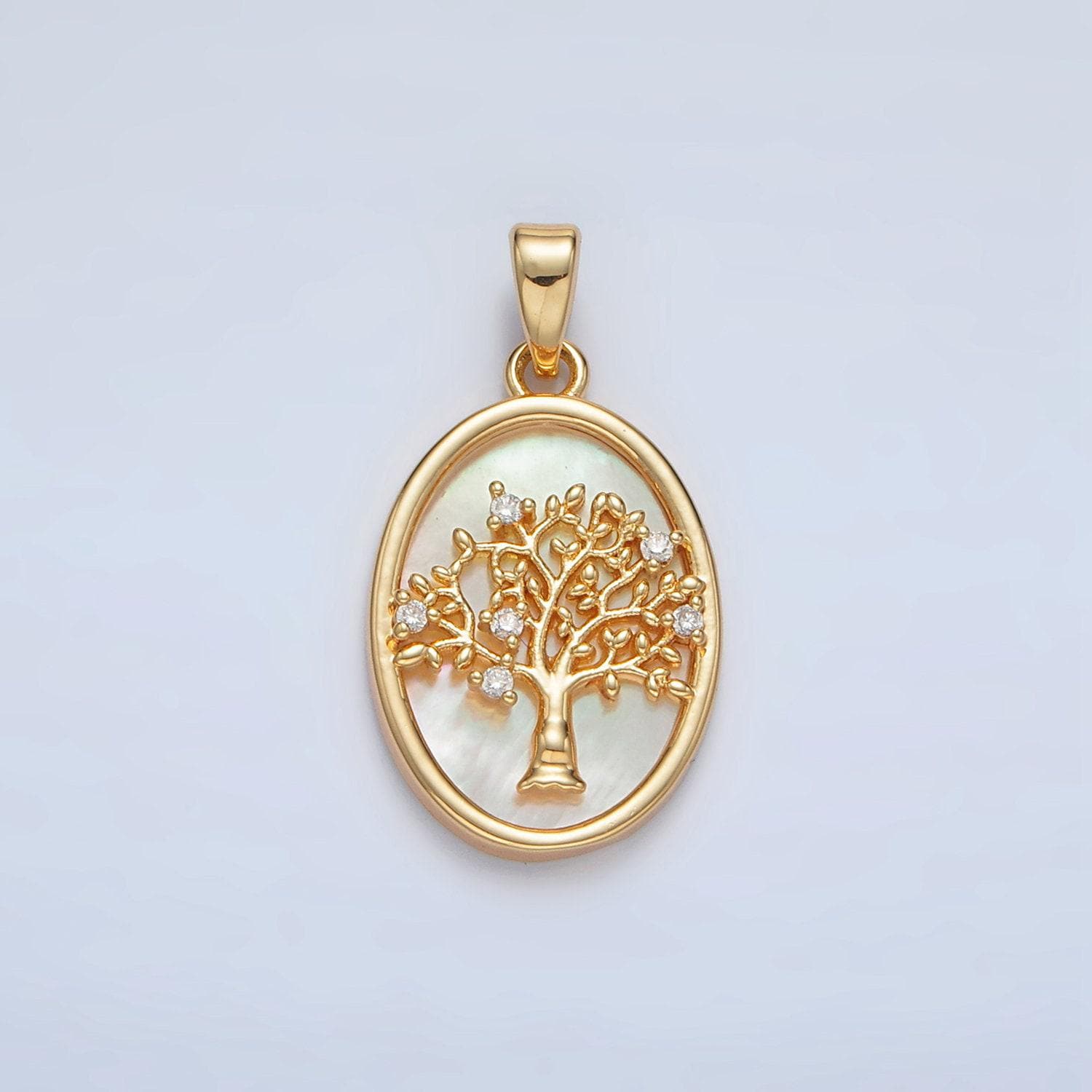 Gold filled shell pearl oval pendant with a cz tree design in gold & silver | aa1525