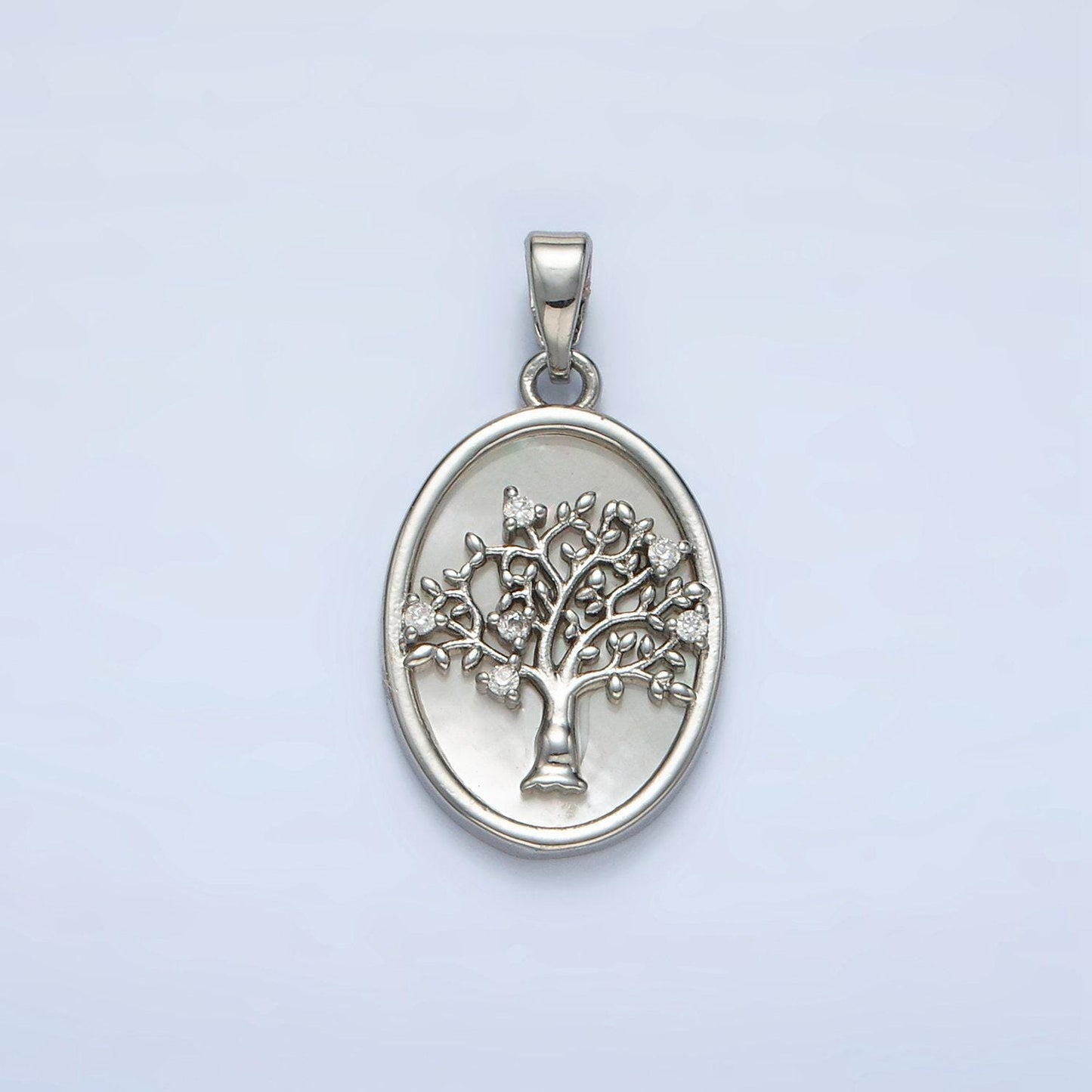 Gold filled shell pearl oval pendant with a cz tree design in gold & silver | aa1525