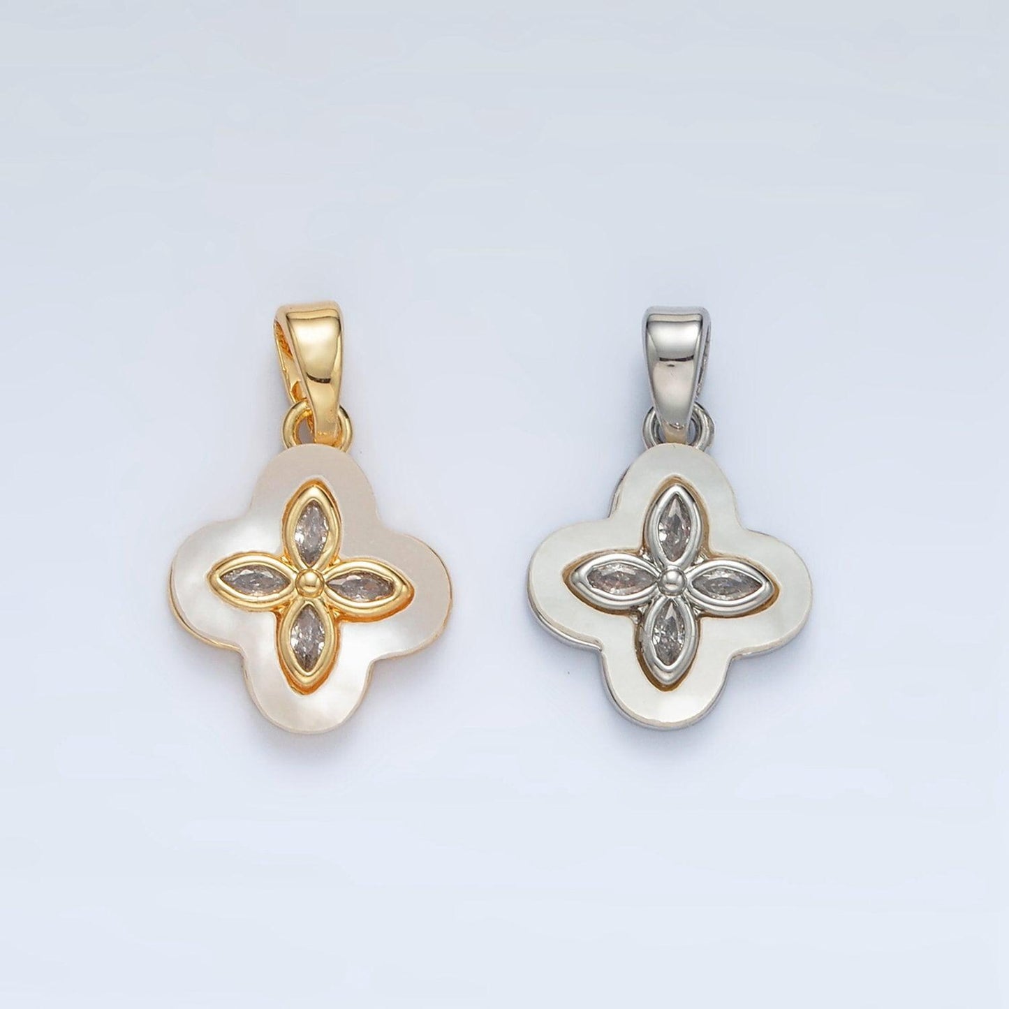24k gold filled sphere cz shell pearl four leaf clover pendant in gold & silver | aa-1522
