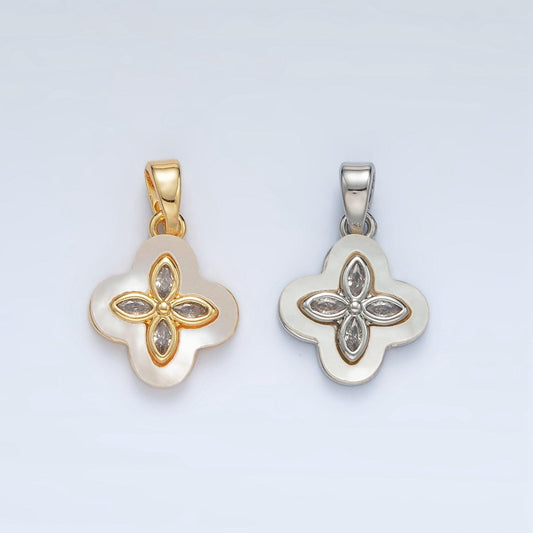 24k gold filled sphere cz shell pearl four leaf clover pendant in gold & silver | aa-1522