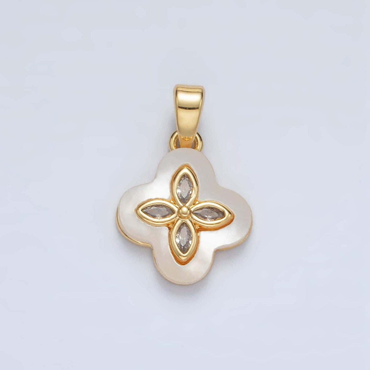 24k gold filled sphere cz shell pearl four leaf clover pendant in gold & silver | aa-1522