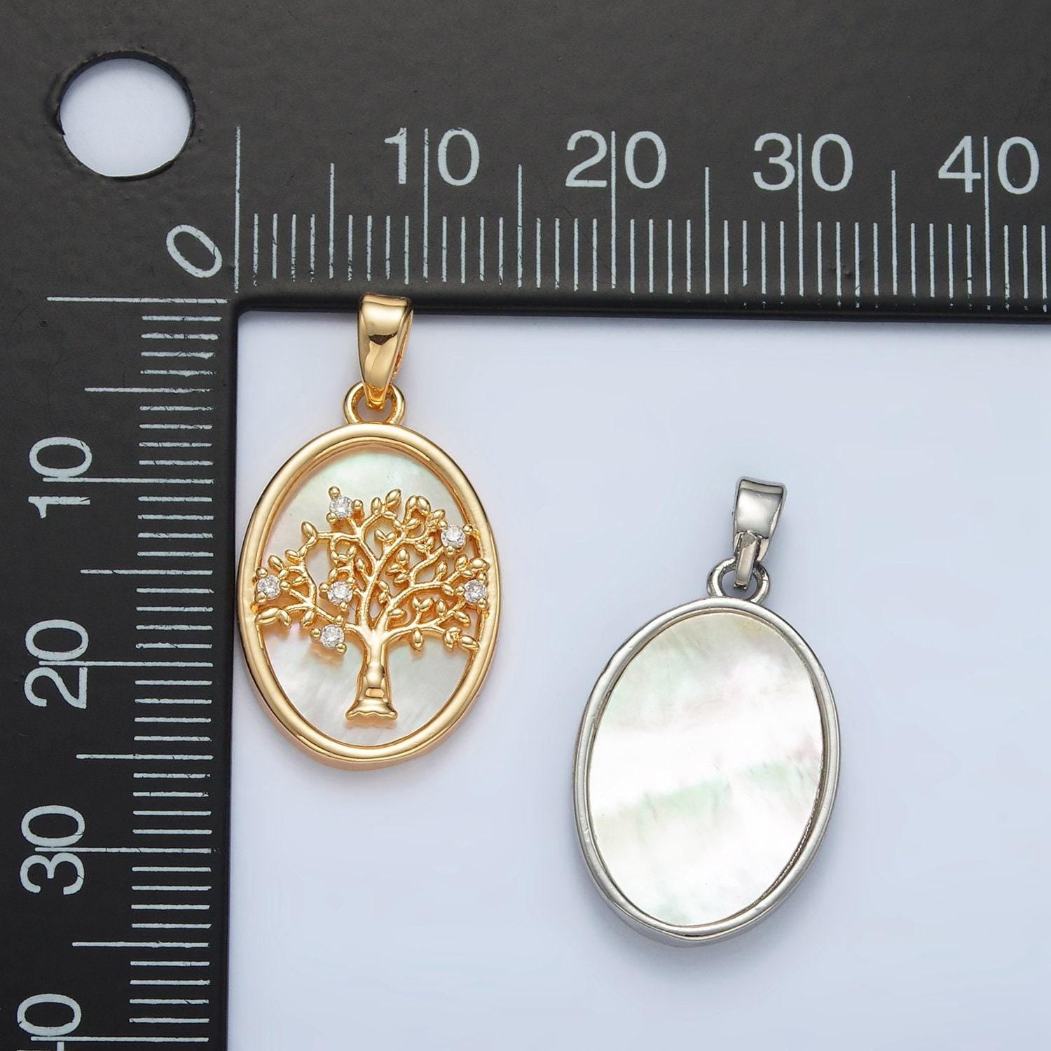 Gold filled shell pearl oval pendant with a cz tree design in gold & silver | aa1525