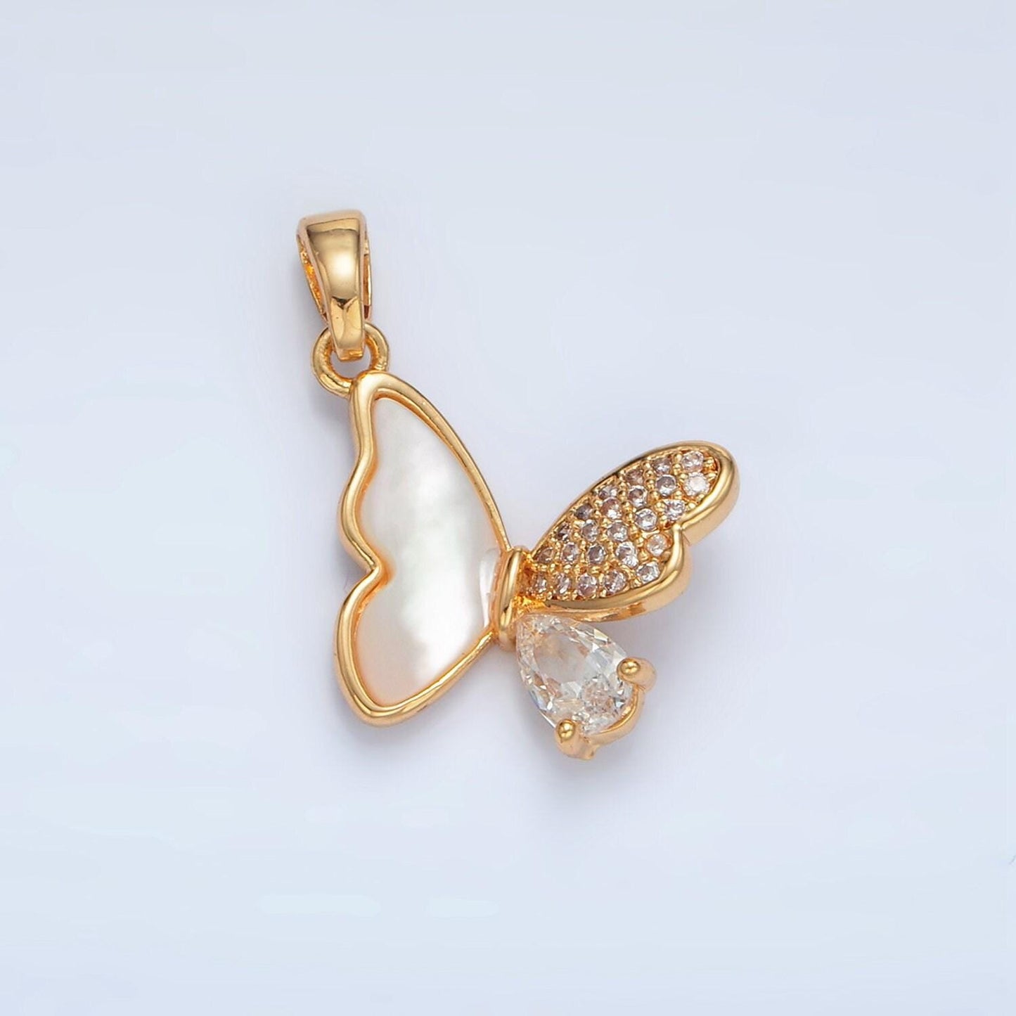 Gold filled butterfly half shell pearl and paved cz charm/pendant | aa-1518