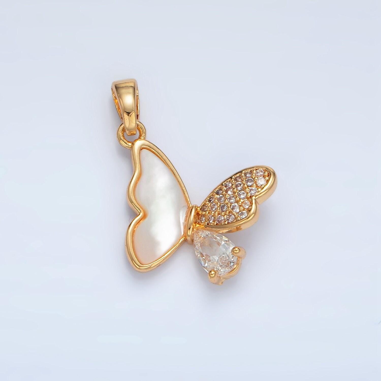 Gold filled butterfly half shell pearl and paved cz charm/pendant | aa-1518