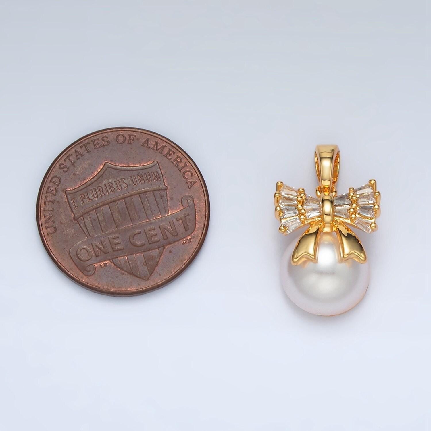 Mini gold baguette bow charm with faux pearl charm aa1408