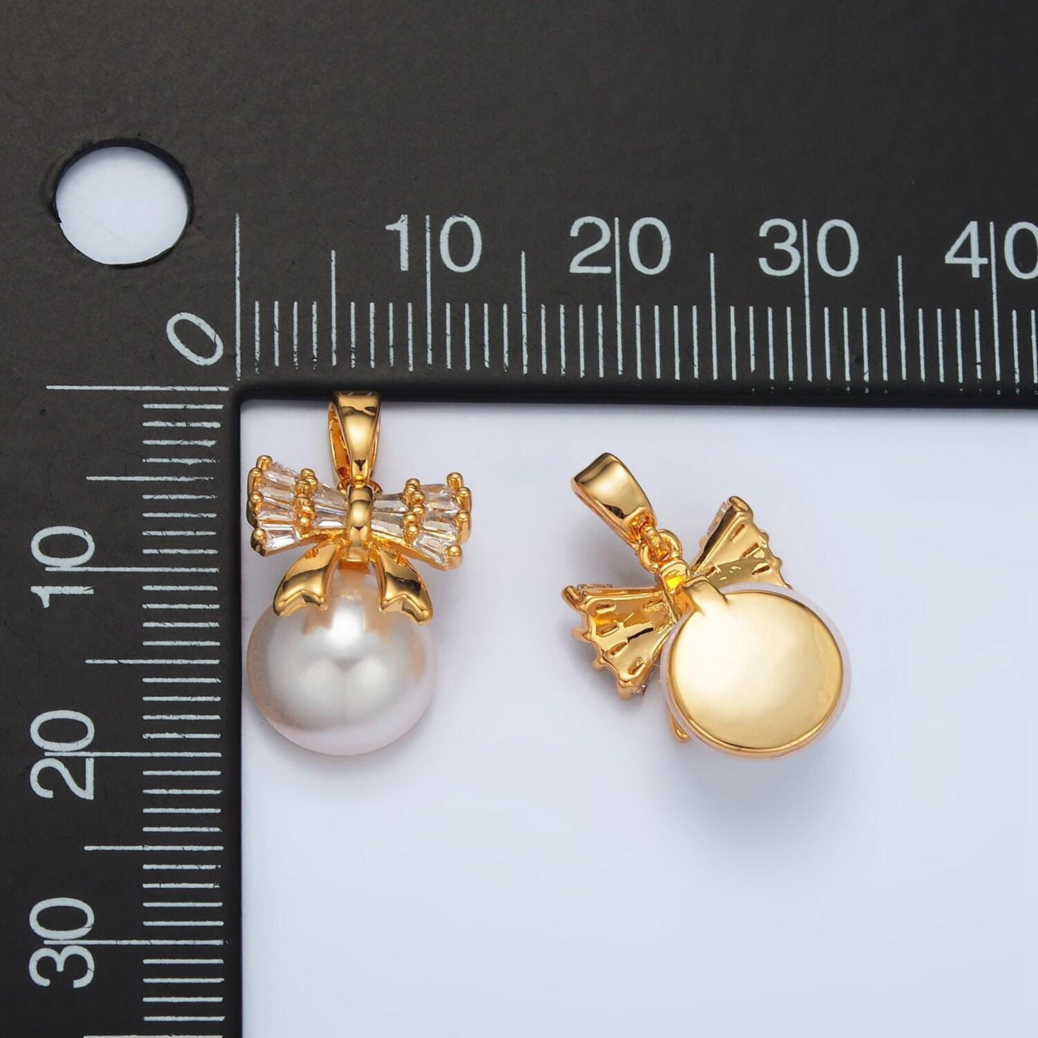 Mini gold baguette bow charm with faux pearl charm aa1408