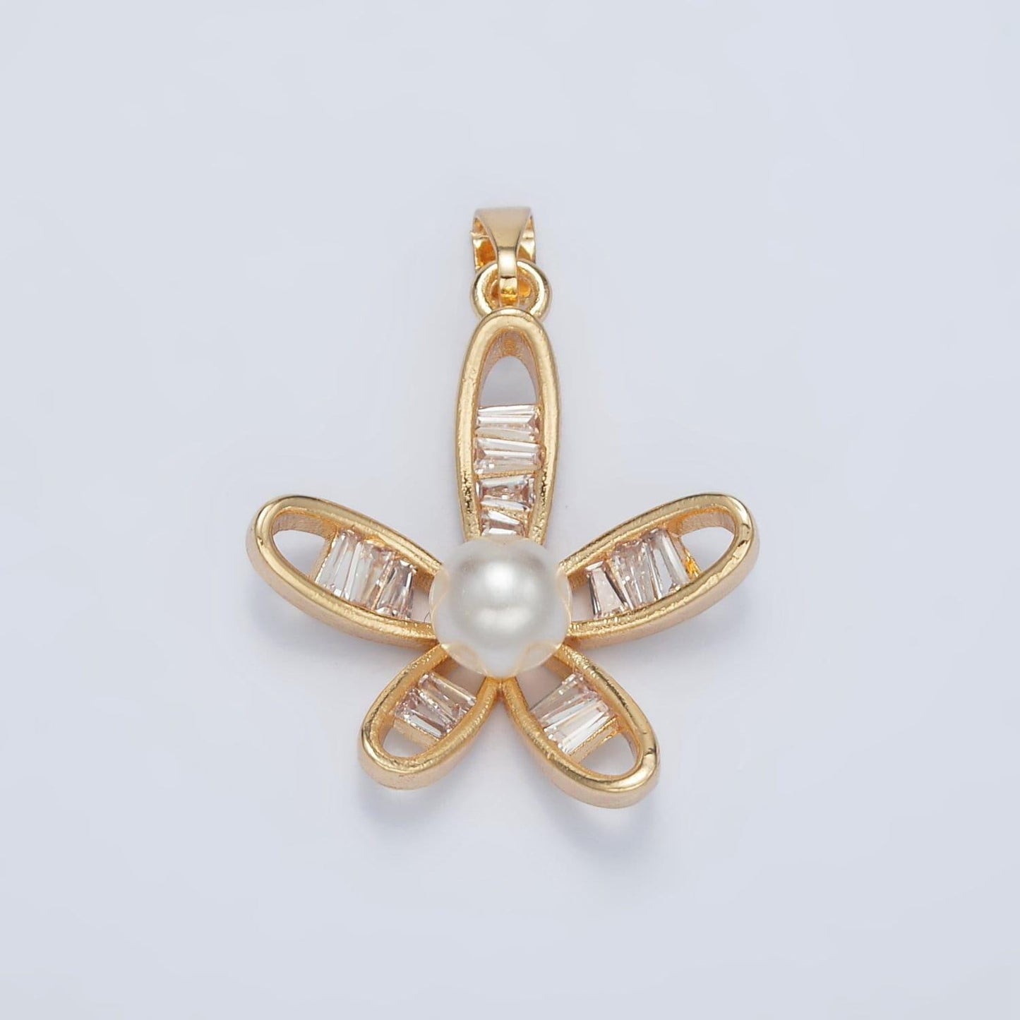 24k gold filled curved cz flower with a round shell pearl | aa1388