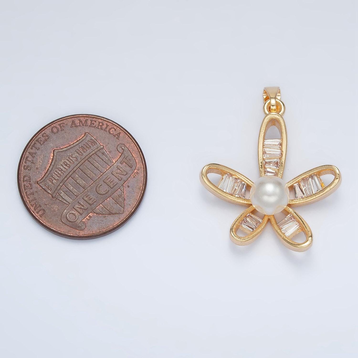 24k gold filled curved cz flower with a round shell pearl | aa1388