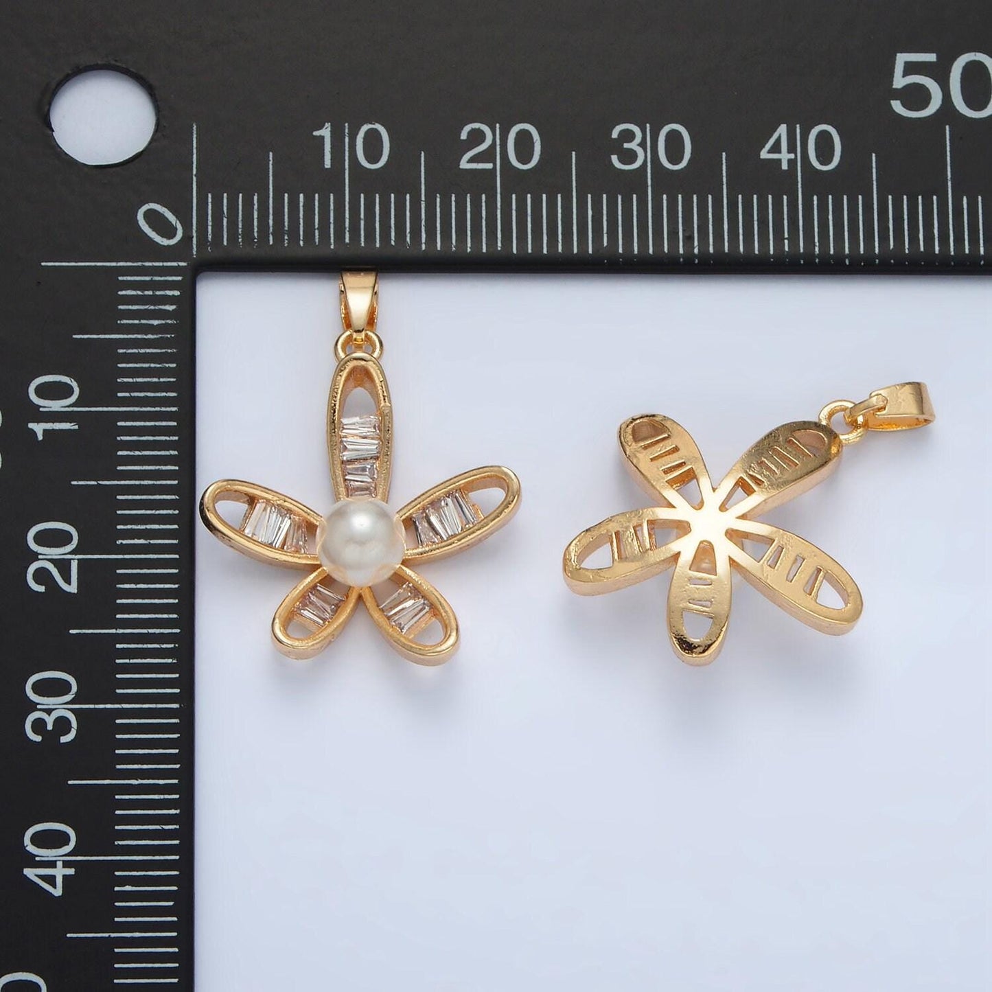 24k gold filled curved cz flower with a round shell pearl | aa1388