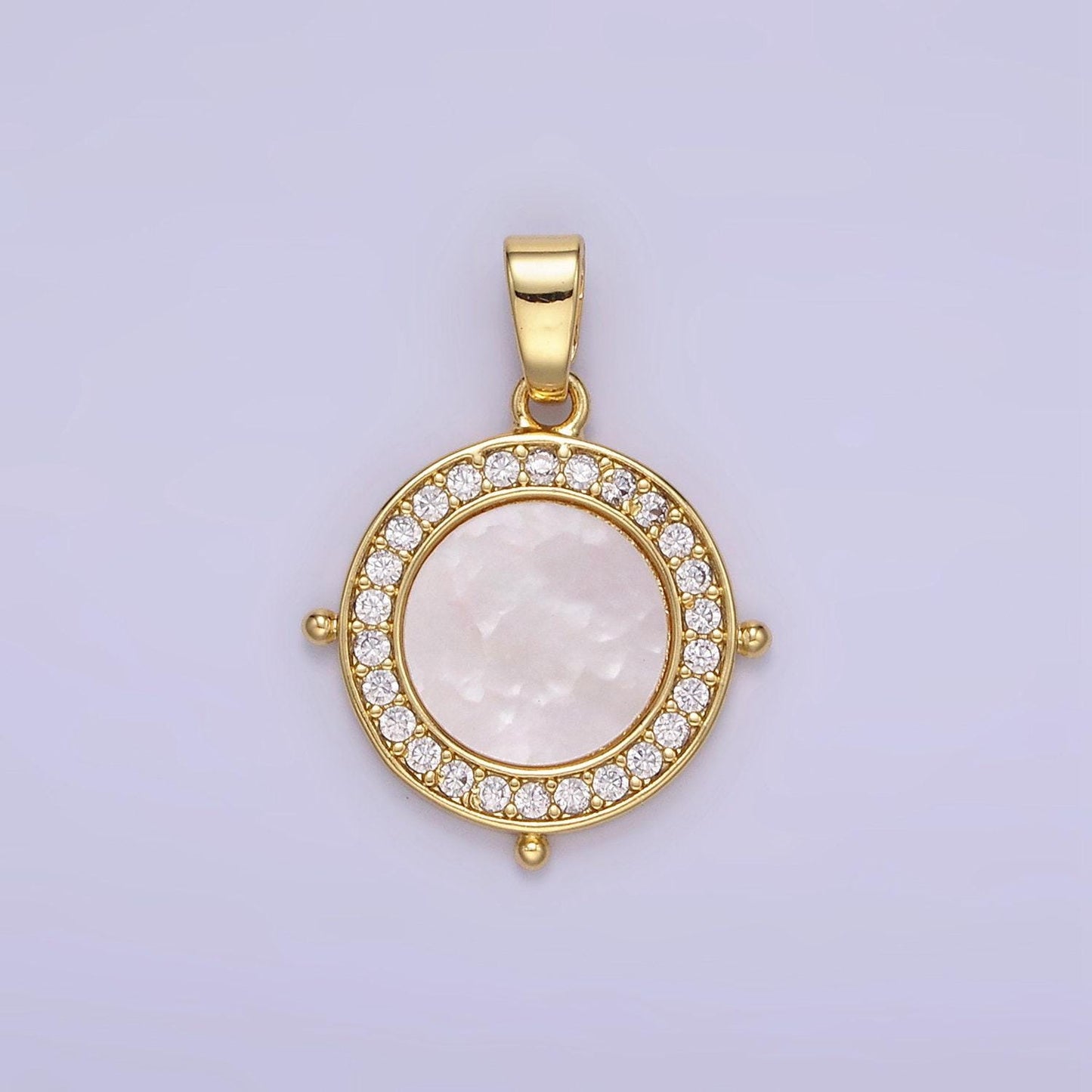 24k gold filled shell pearl micro paved cz round pendant | aa1340