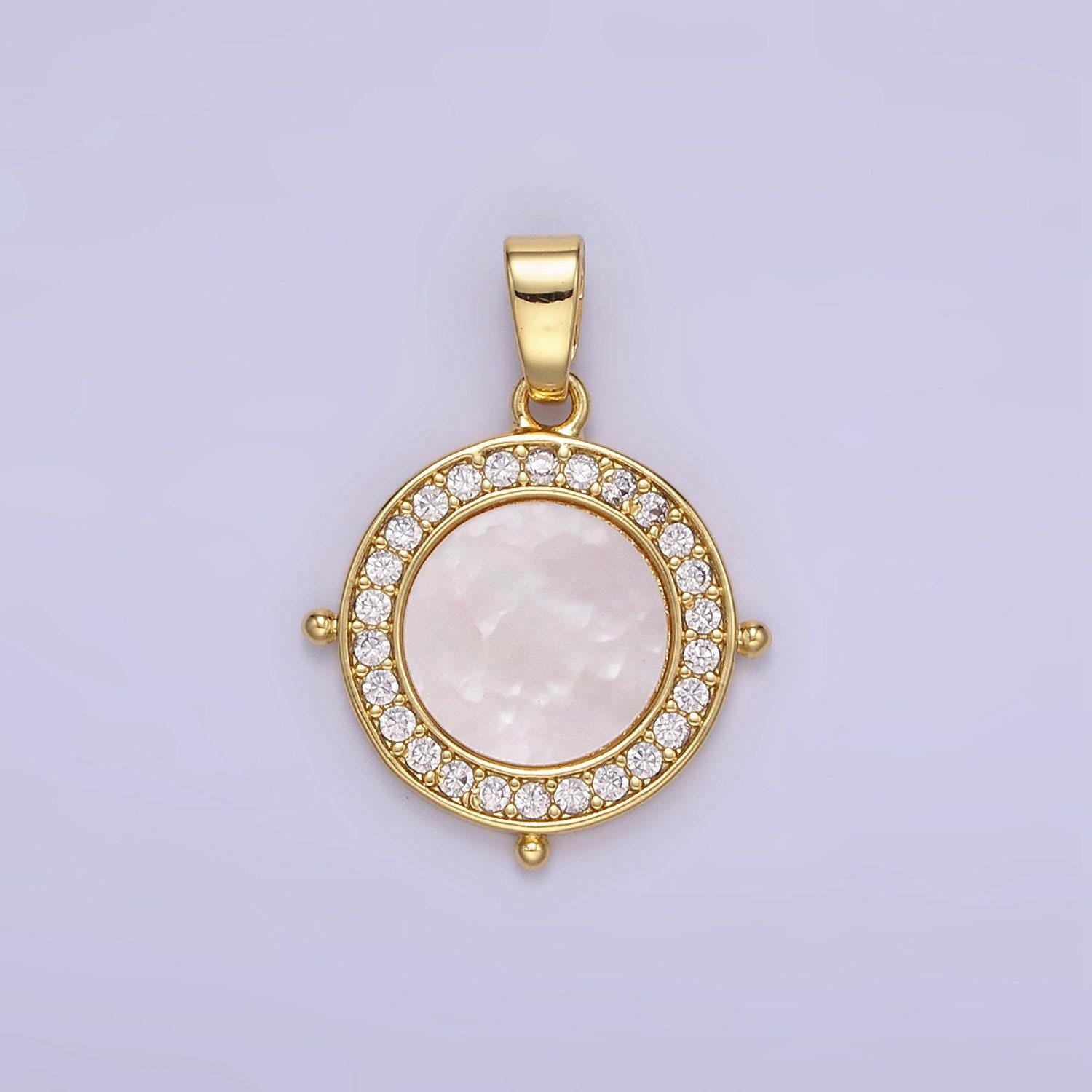 24k gold filled shell pearl micro paved cz round pendant | aa1340