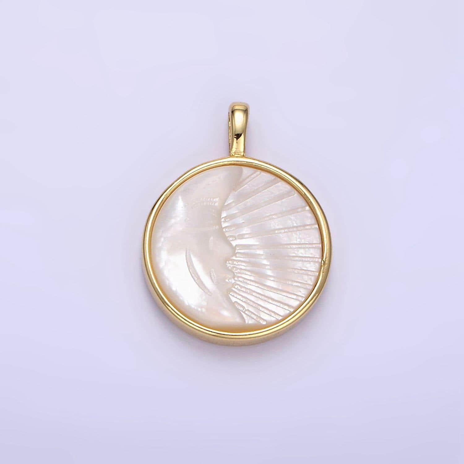 18k gold filled celestial moon face ray shell pearl bezel round pendant necklace charm | aa1332