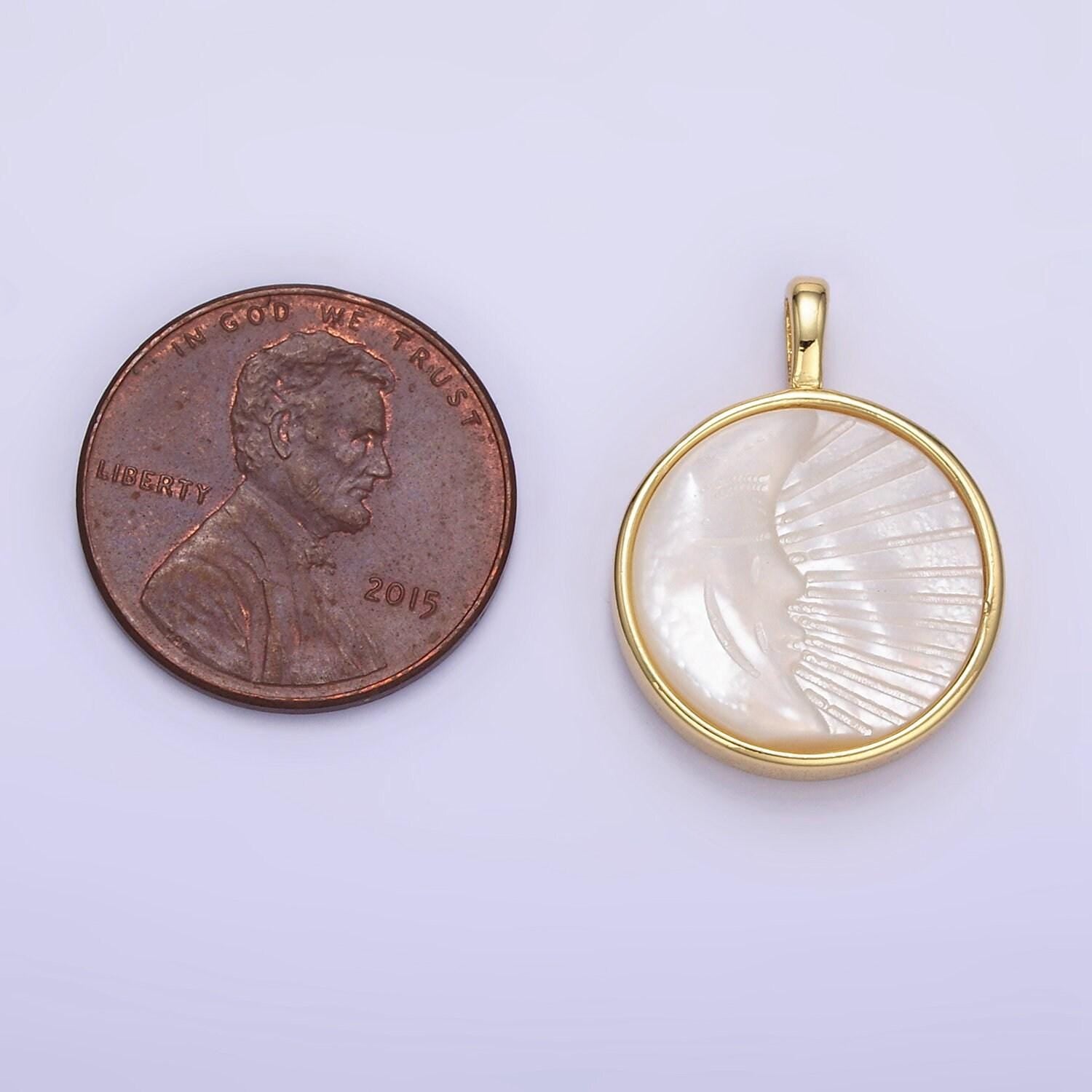 18k gold filled celestial moon face ray shell pearl bezel round pendant necklace charm | aa1332