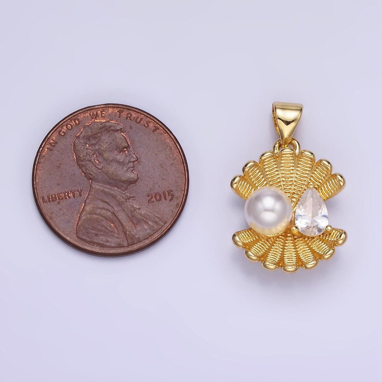 14k gold filled 14mm sea shell line-textured add-on charm with faux pearl and clear cz | aa1313