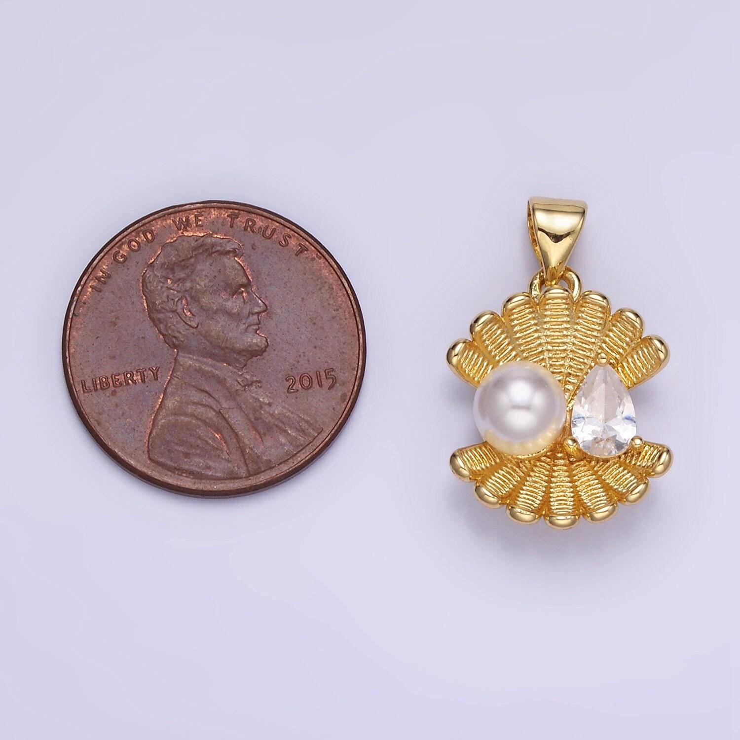 14k gold filled 14mm sea shell line-textured add-on charm with faux pearl and clear cz | aa1313