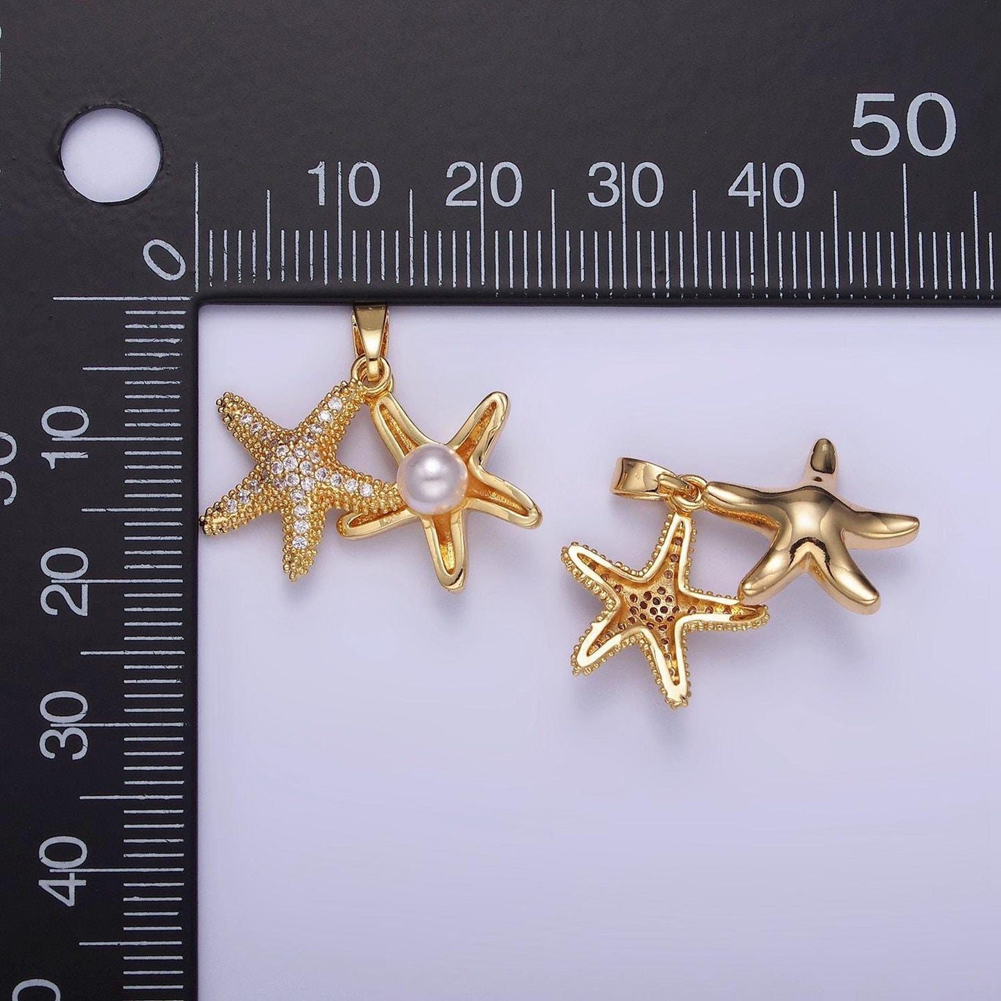 14k gold filled double starfish sea animal pearl micro paved cz pendant | aa 1170