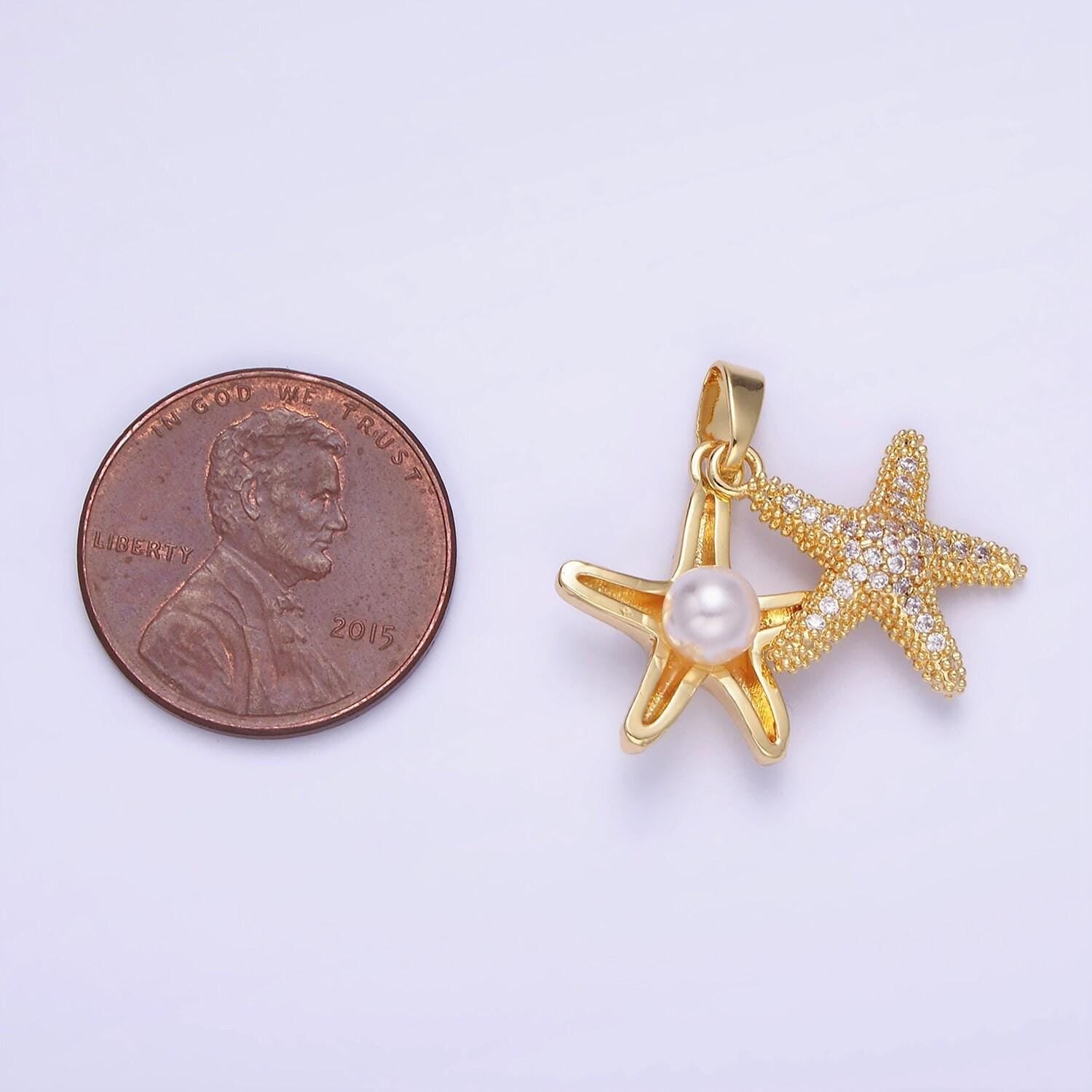 14k gold filled double starfish sea animal pearl micro paved cz pendant | aa 1170