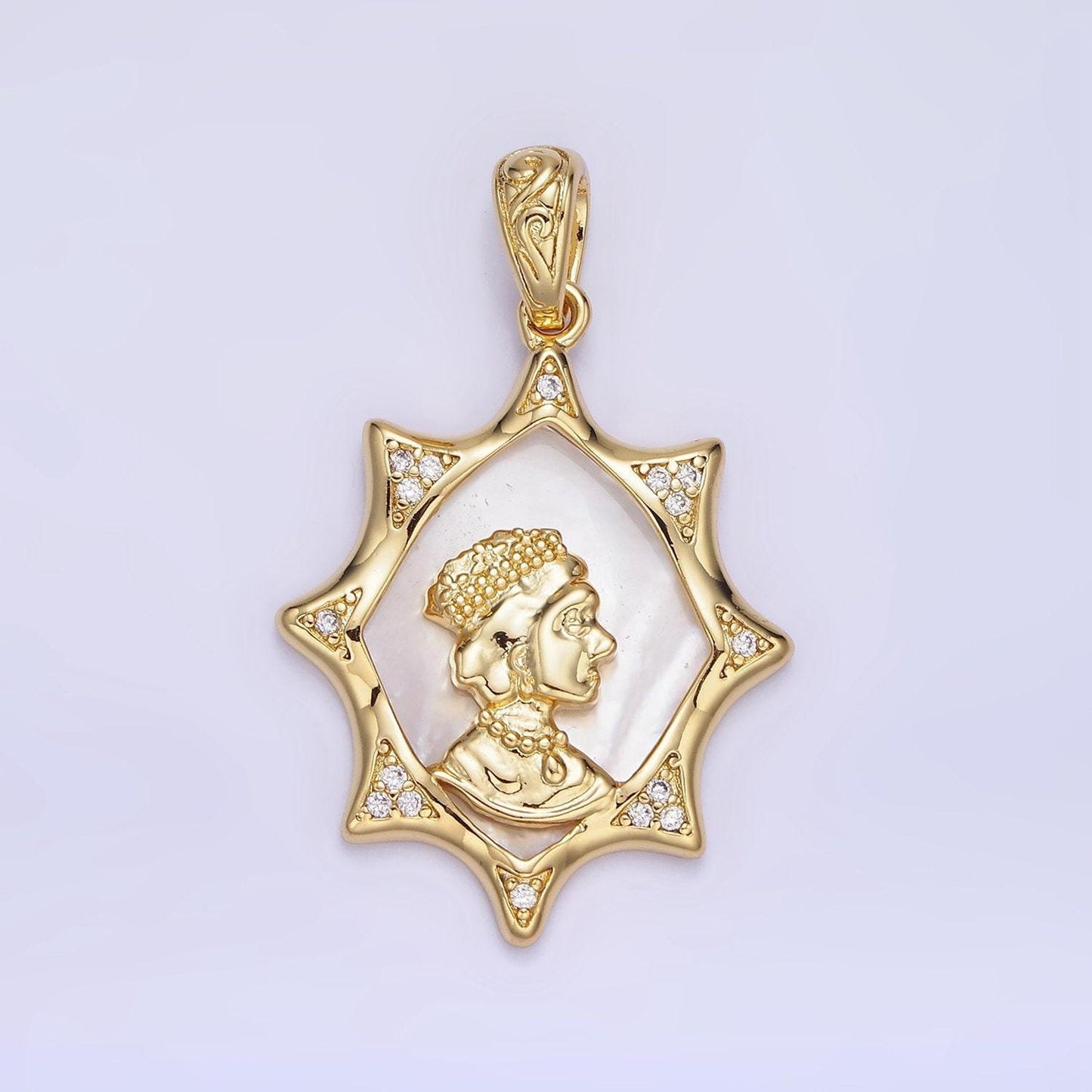 14k gold filled sun pendant with queen women on pearl background | aa-1130