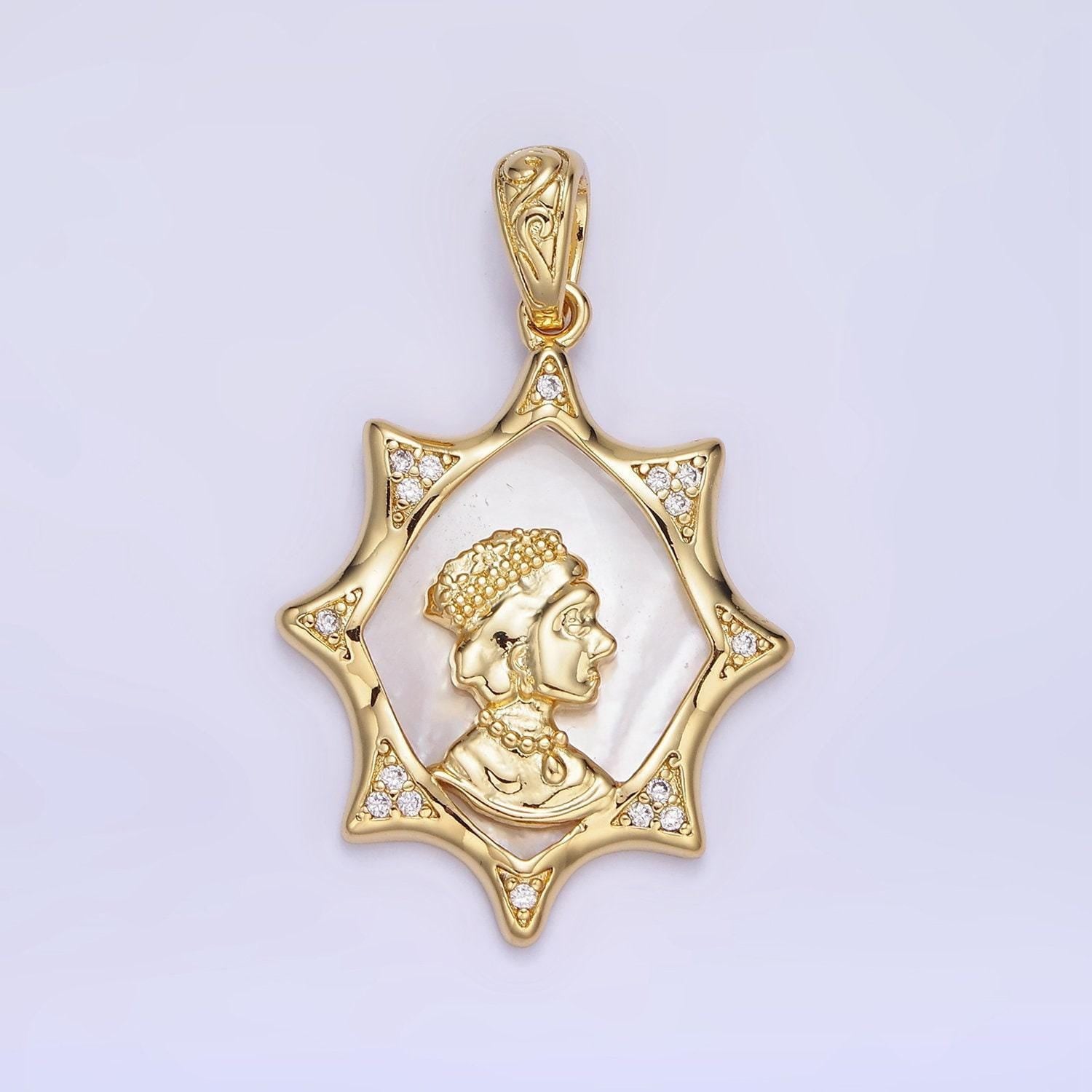 14k gold filled sun pendant with queen women on pearl background | aa-1130