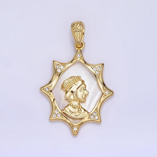 14k gold filled sun pendant with queen women on pearl background | aa-1130