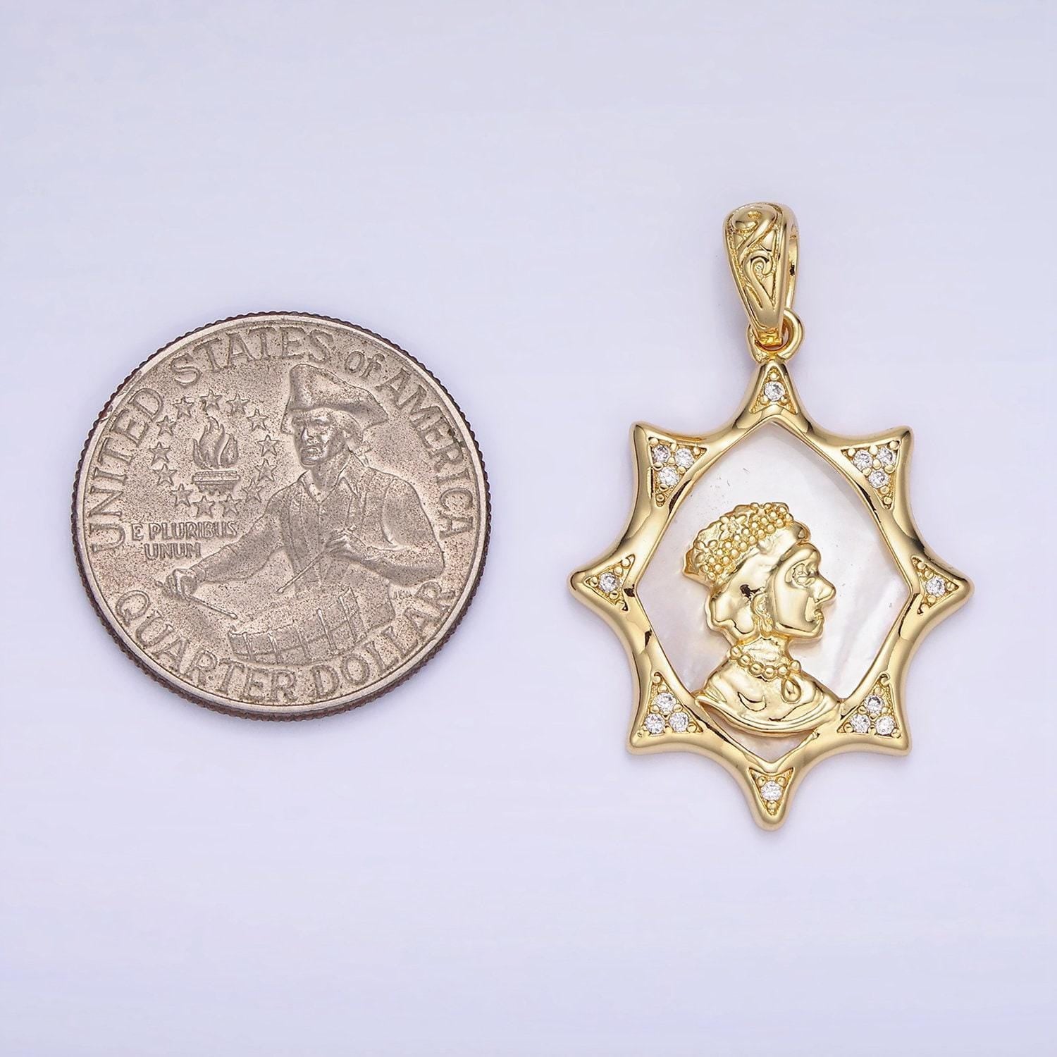14k gold filled sun pendant with queen women on pearl background | aa-1130