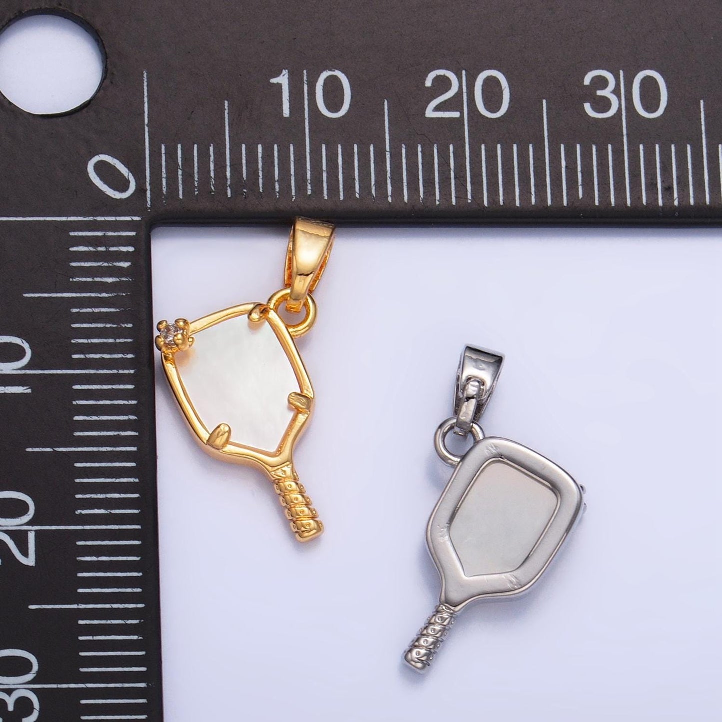 Dainty gold filled pickle ball charm with pearl paddle pendant sports jewelry inspired aa-1017