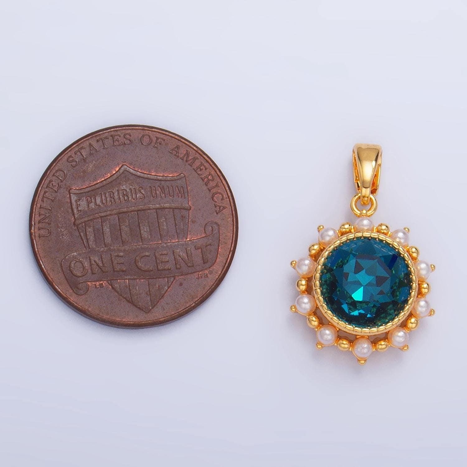 Blue cz round bezel shell pearl 24k gold filled pendant | aa-1013