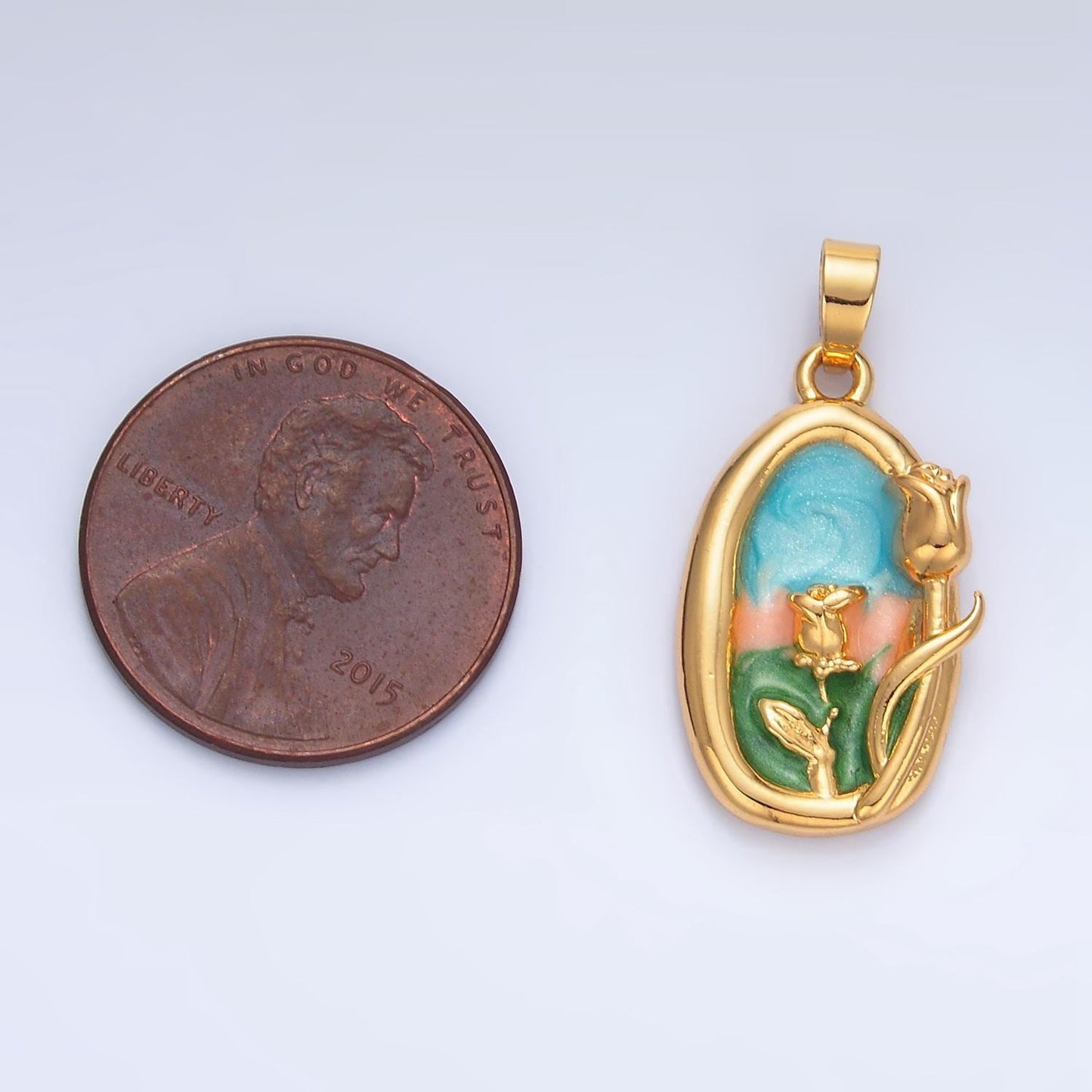 Dainty gold tulip charms white, blue enamel flower charm abstract oval charm medallion for necklace bracelet aa799