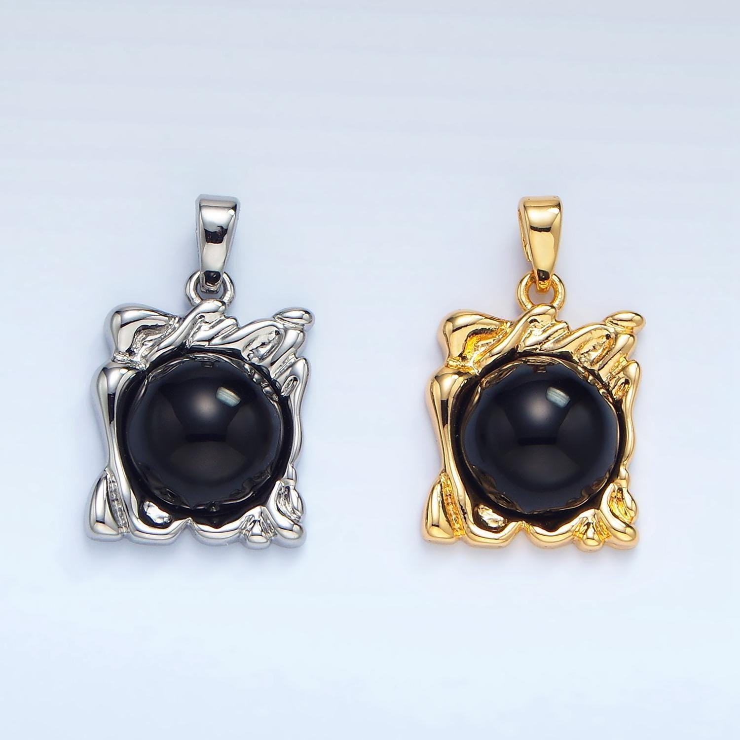 Black square molten drip onyx gemstone 24k gold filled pendant in gold & silver | aa-985